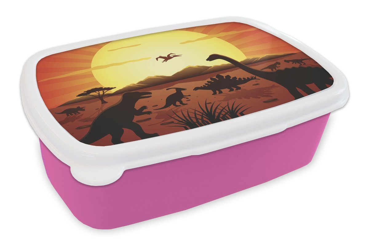 MuchoWow Lunchbox Dino - Sonne - Natur - Zeichnung - Kinder - Jungen, Kunststoff, (2-tlg), Brotbox für Erwachsene, Brotdose Kinder, Snackbox, Mädchen, Kunststoff rosa