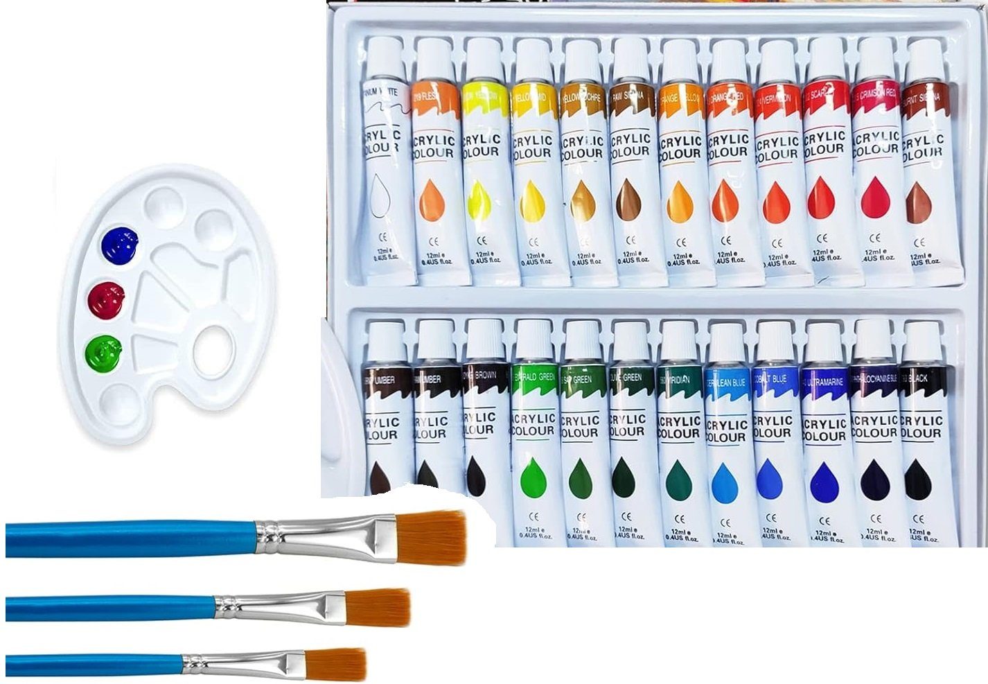 Acrylfarbe Acrylfarben 28-teiliges Set 24xFarben mit Pinsel Palette Wasserfest