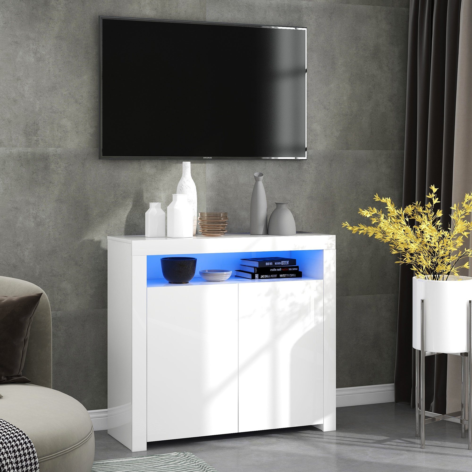 OKWISH Kommode Sideboard Beistellschrank Küchenschrank Aufbewahrungsschrank (108*40*92 cm, Buffet Holz Aufbewahrungsvitrine TV-Ständer mit 2 Türen), Hochglanz mit LED-Licht, Weiß