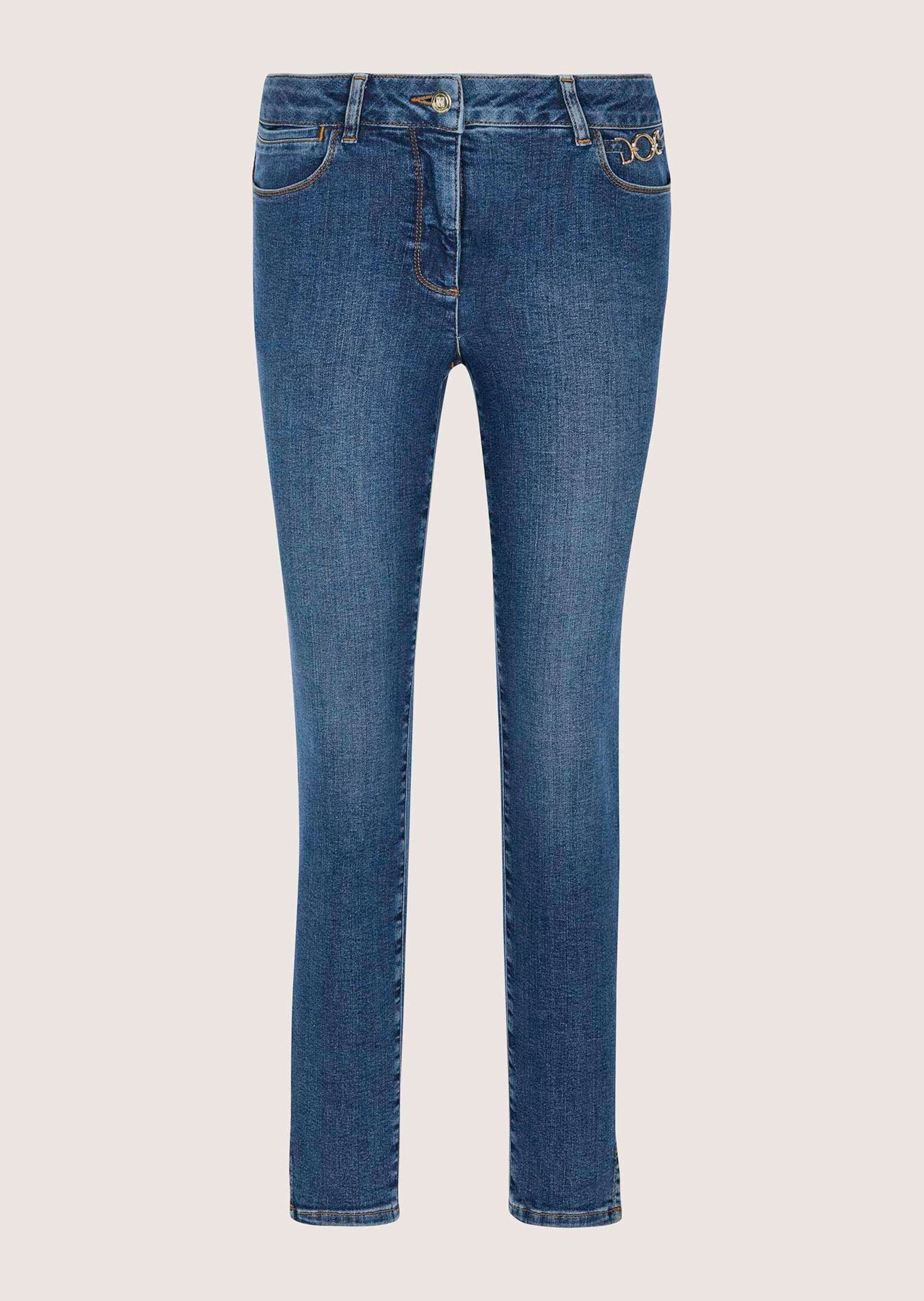 MADELEINE Gerade Jeans Slim-Fit Jeans mit Kettendetail Skinnyjeans mit Gürtelschlaufen, Taschen und Knöchellänge