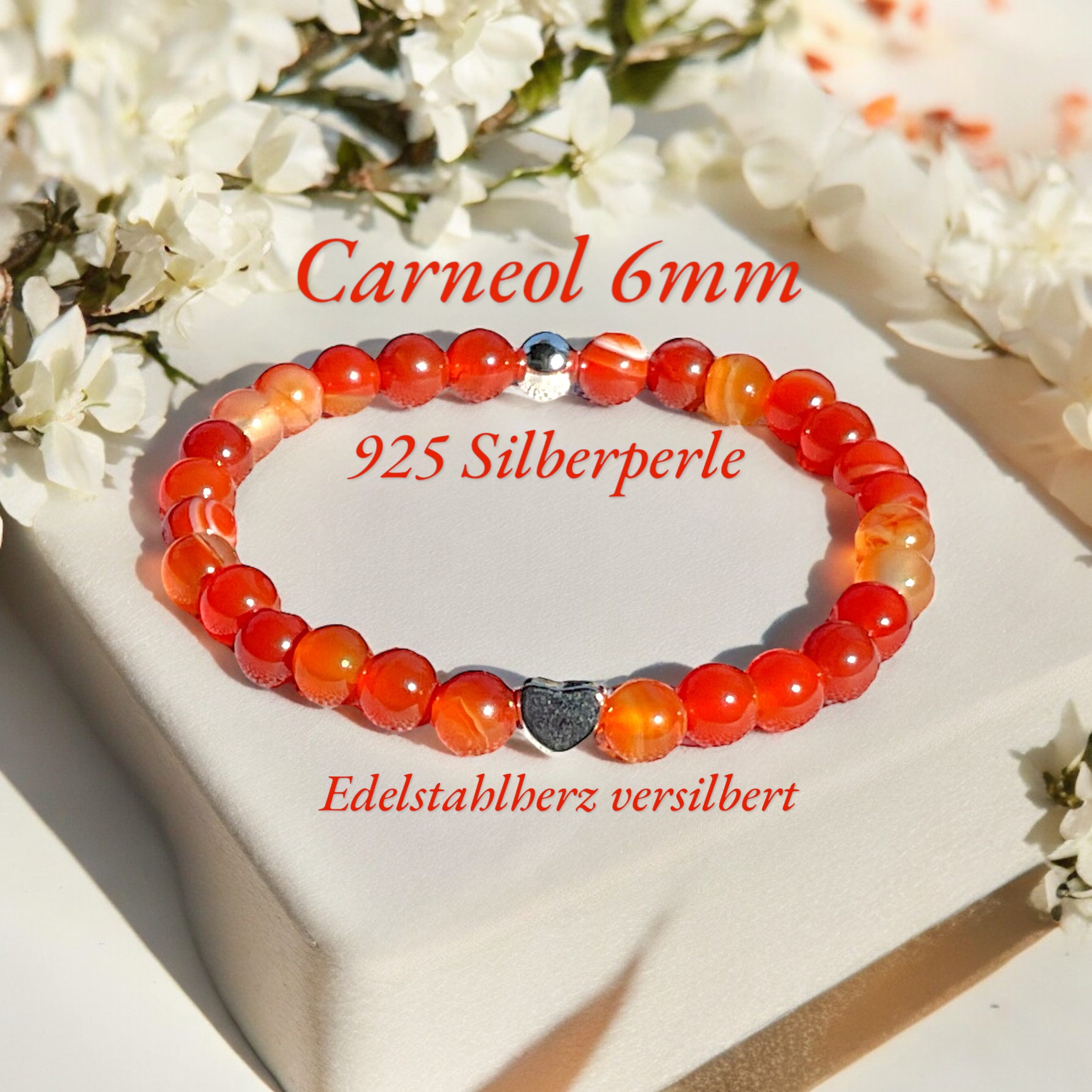 Steinfixx® Perlenarmband Carneol Armband mit 925 Silberperle und versilbertem Herz (Edelsteinarmband in Geschenkbox, 1-tlg., Unisex), Handmade in Germany - incl. edler Geschenkbox