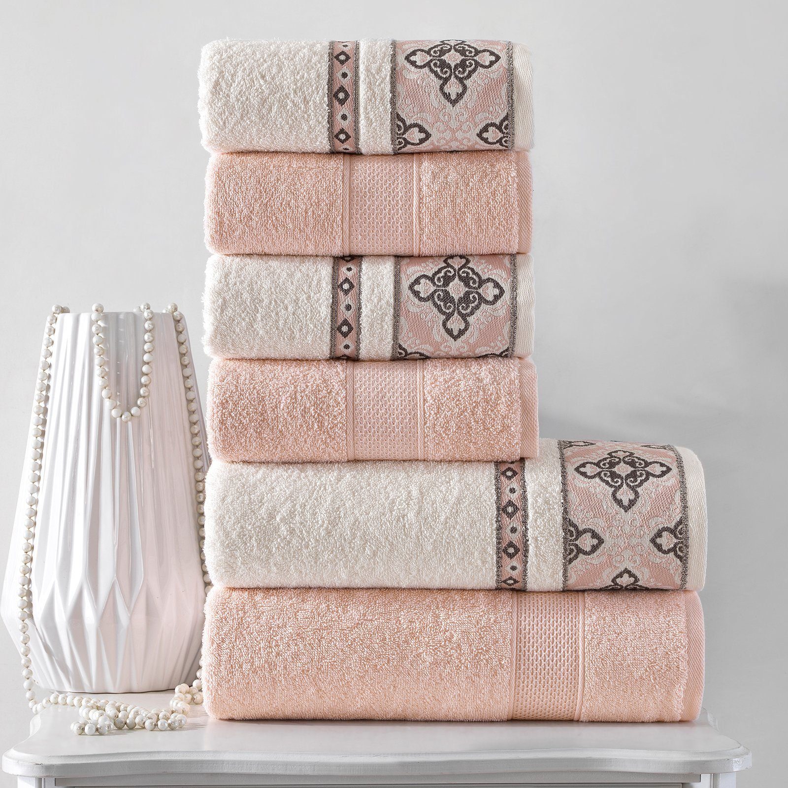 Frottee 6 Bordüre, Bördüre Dekorative HOME Handtuch 100% Handtuch Set (Set), Jacquard COLLECTION Rosa CLASS Set Baumwolle TLG Duschtuch