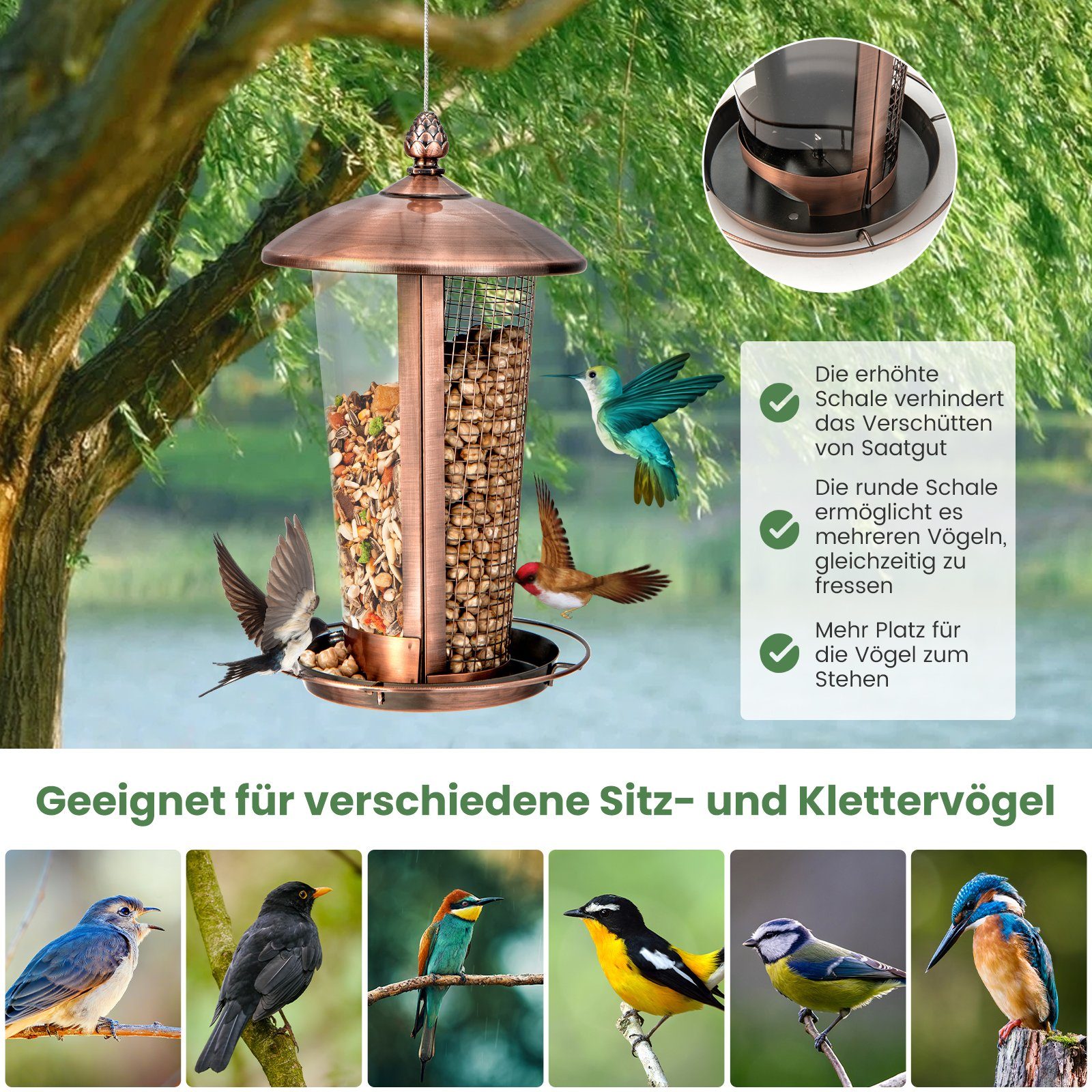 COSTWAY Futterspender, 2 Röhre für Verschiedene Vogelsamen, aus Metall