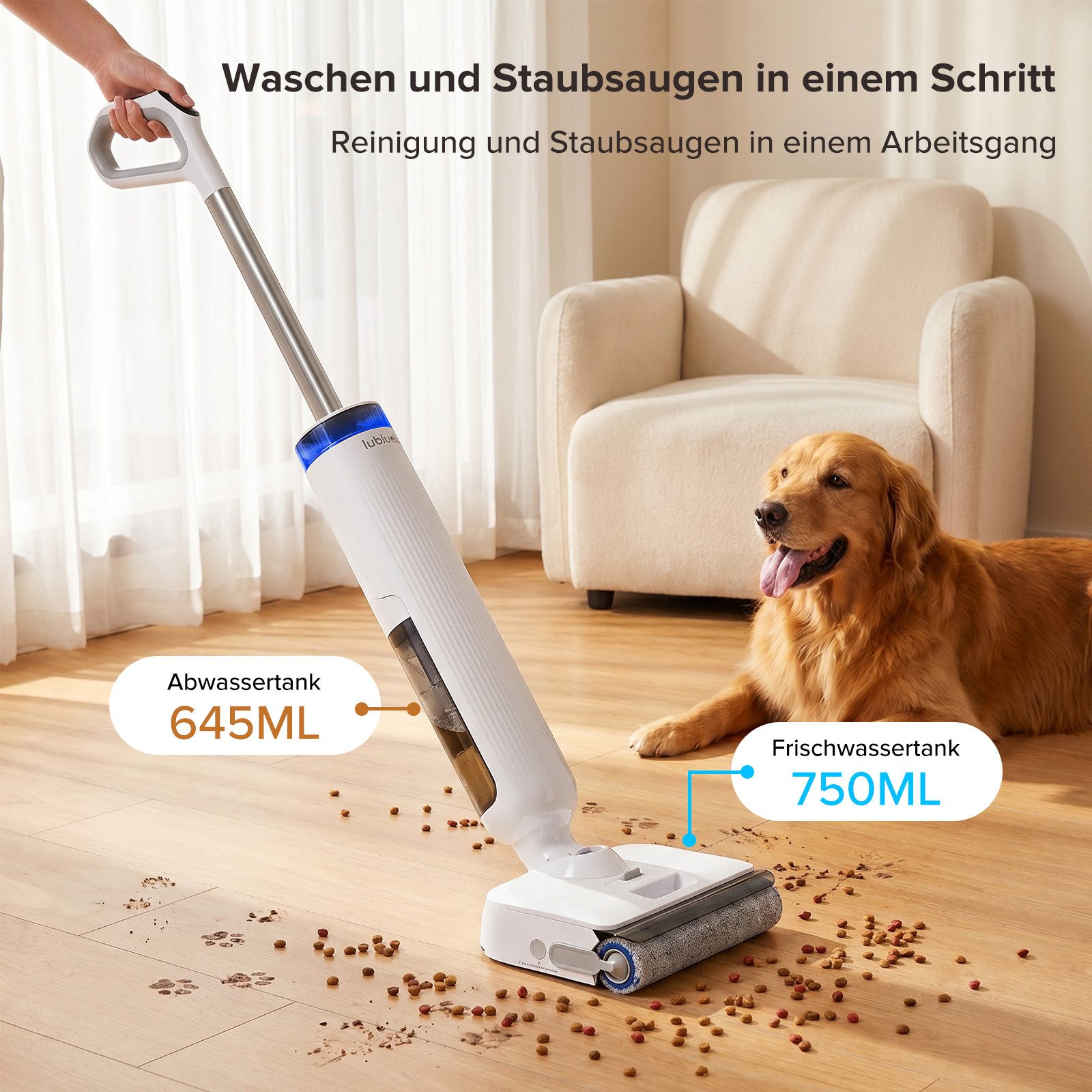 lubluelu Nass-Trocken-Akkusauger T9 Selbstreinigung 180° Lay-Flat Nasssauger Saugwischer 21.000 Pa, 200 W, beutellos, unten integrierter Frischwassertank / Selbstreinigen