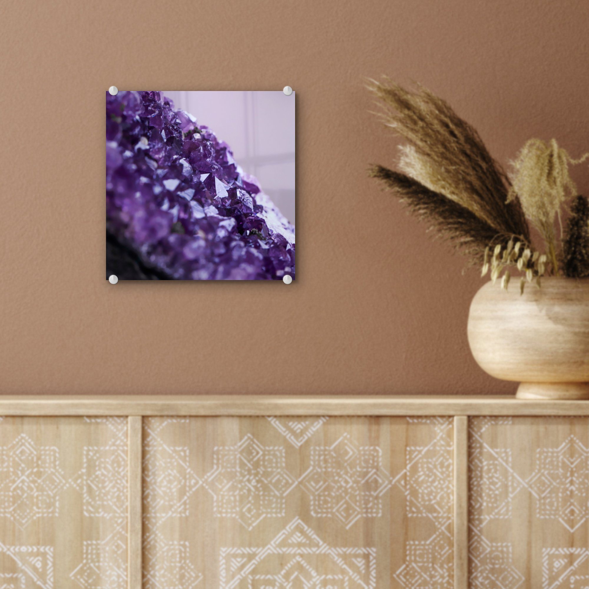 MuchoWow Acrylglasbild Nahaufnahme violetten Glasbilder St), Foto - eines Glas auf - Wanddekoration auf Bilder Amethysten, Wandbild - (1 Glas