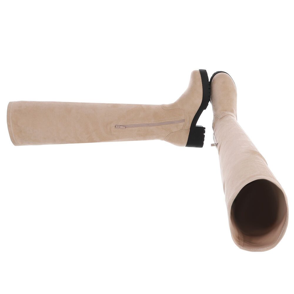 Ital-Design Elegante Overknee-Stiefel für Damen mit rutschfester Sohle Overkneestiefel (90827503) Blockabsatz Stiefel in Beige