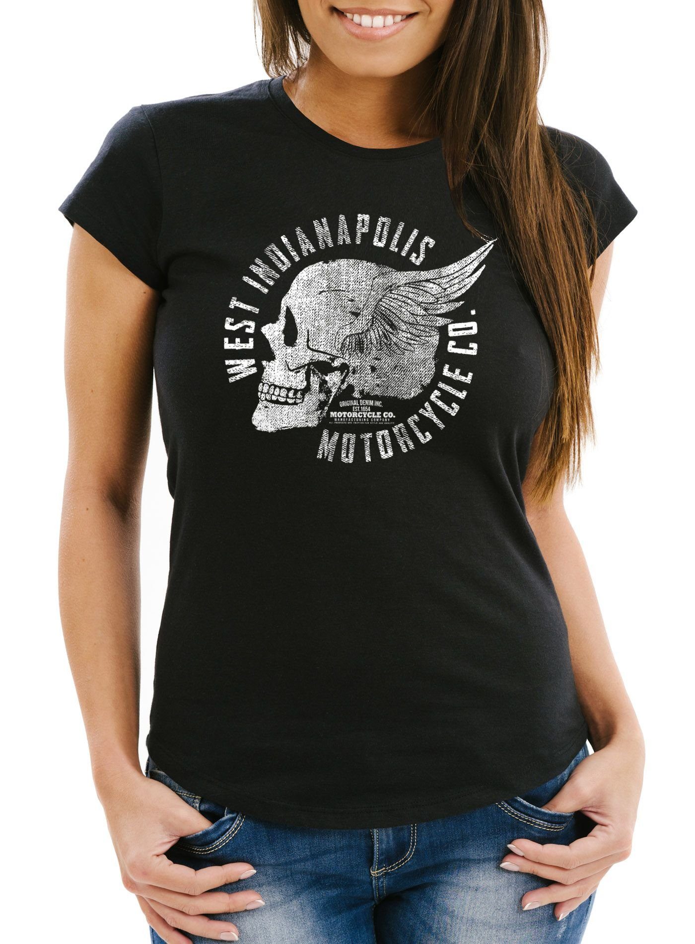 Neverless Print-Shirt Damen T-Shirt Motorrad Biker Totenkopf Skull Wings Vintage Slim Fit mit Print