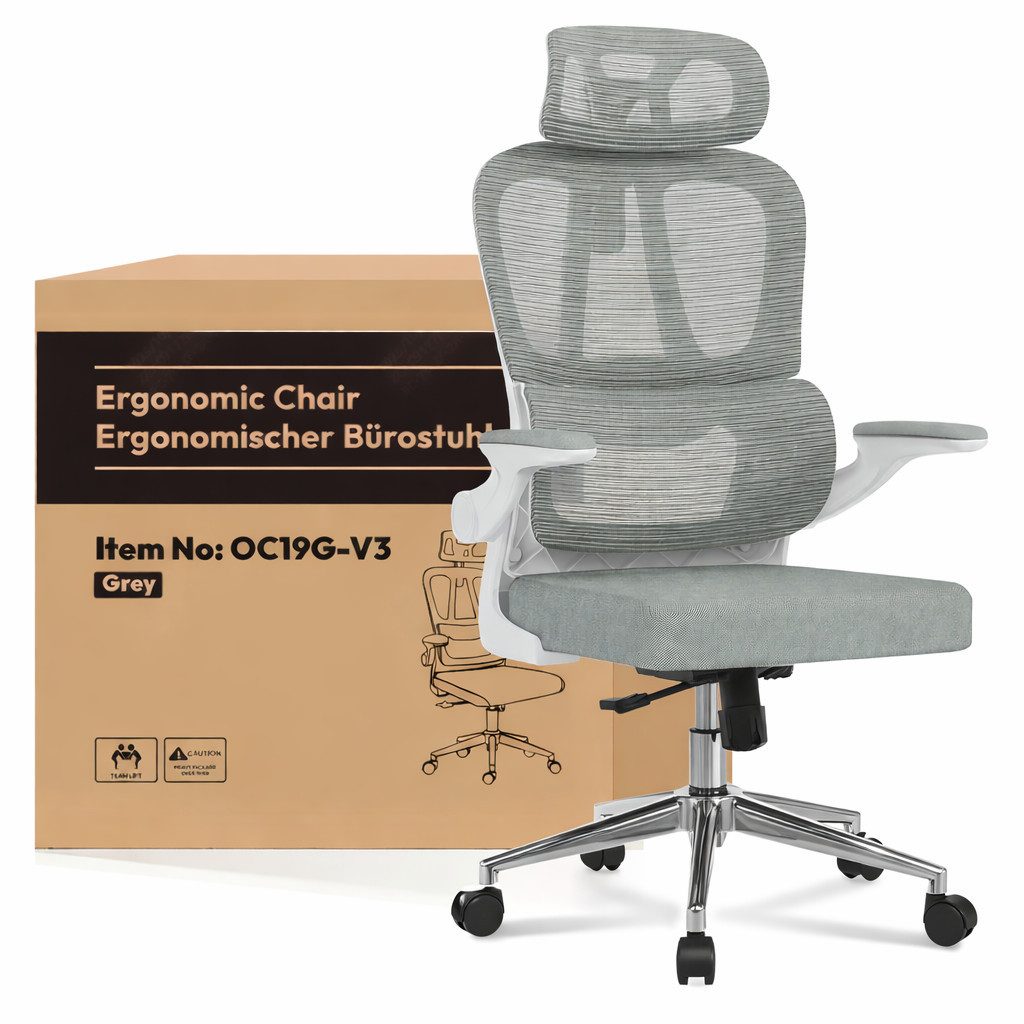 FLEXISPOT Bürostuhl Ergonomischer Schreibtischstuhl (mit 2D-Kopfstütze, Klappbare Armlehnen & Dynamische Lendenstütze), Stuhl mit 120° Wippfunktion für Homeoffice, Arbeitszimmer, Büro
