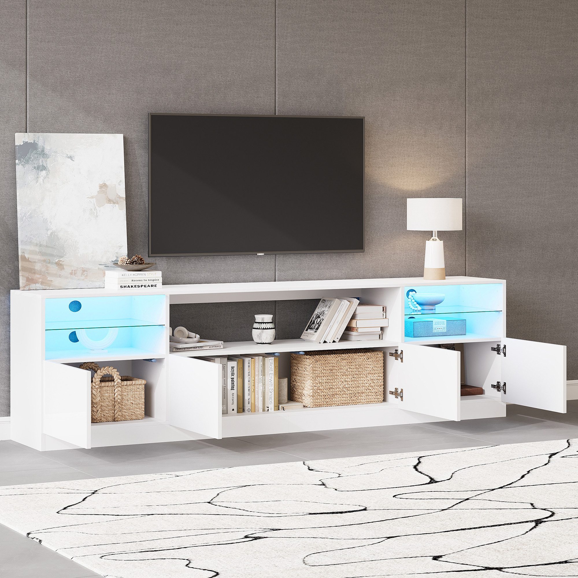Merax Lowboard Hochglanz Fernsehschrank mit LED (1 St., Wohnzimmer & Esszimmer TV Board), TV-Schrank mit 4 Flügeltüren & 8 Fächer, 180x35x60cm