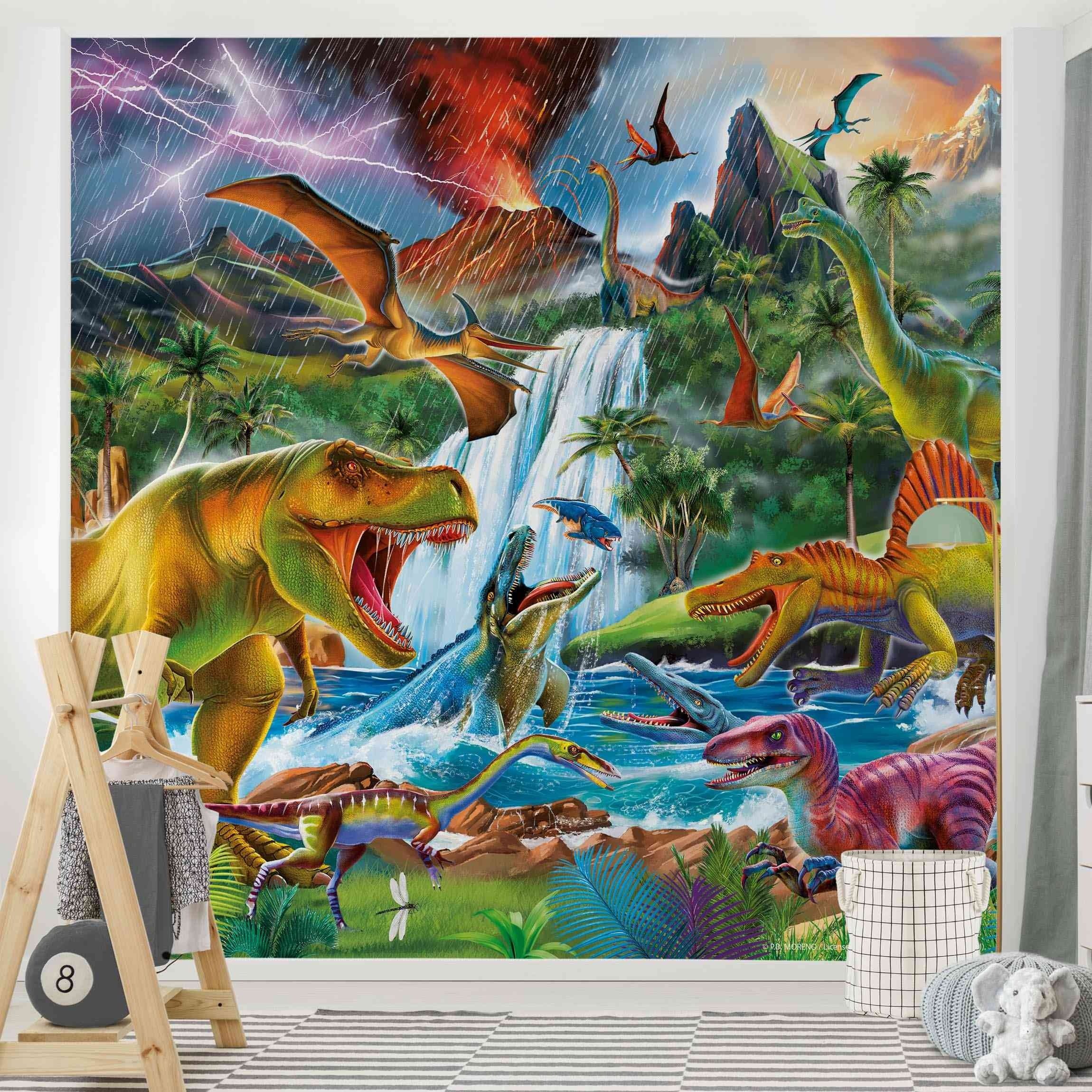 Bilderdepot24 Kindertapete Kinderzimmer Dinosaurier Urzeitgewitter Kinder Wanddeko T-Rex Bunt, Glatt, Matt, (Inklusive Gratis-Kleister oder selbstklebend), Mädchenzimmer Jungenzimmer Babyzimmer Bildtapete Fototapete Wandtapete