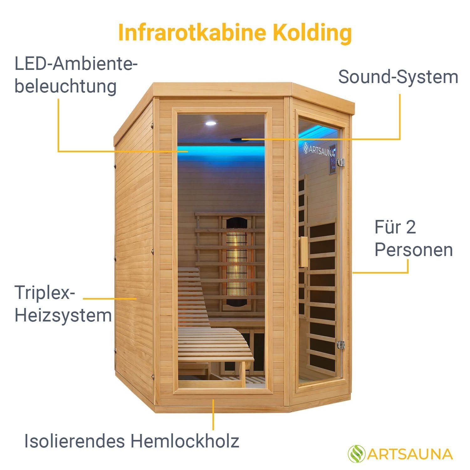 Artsauna Infrarotkabine Kolding Triplex-Heizsystem, für 2 Personen, Hemlock-Holz, Ionisator, HiFi-System, LED-Farblicht