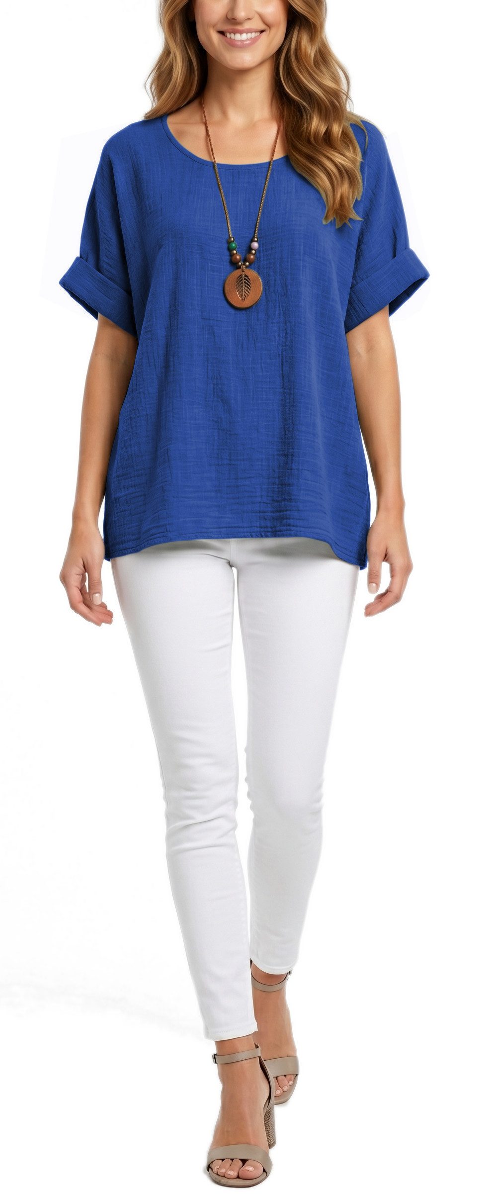 dy_mode Kurzarmbluse Damen Kurzarm Bluse Leichte Sommer Tunika Baumwollbluse Oberteil in Unifarbe, mit passende Kette – Bild 2 von 5