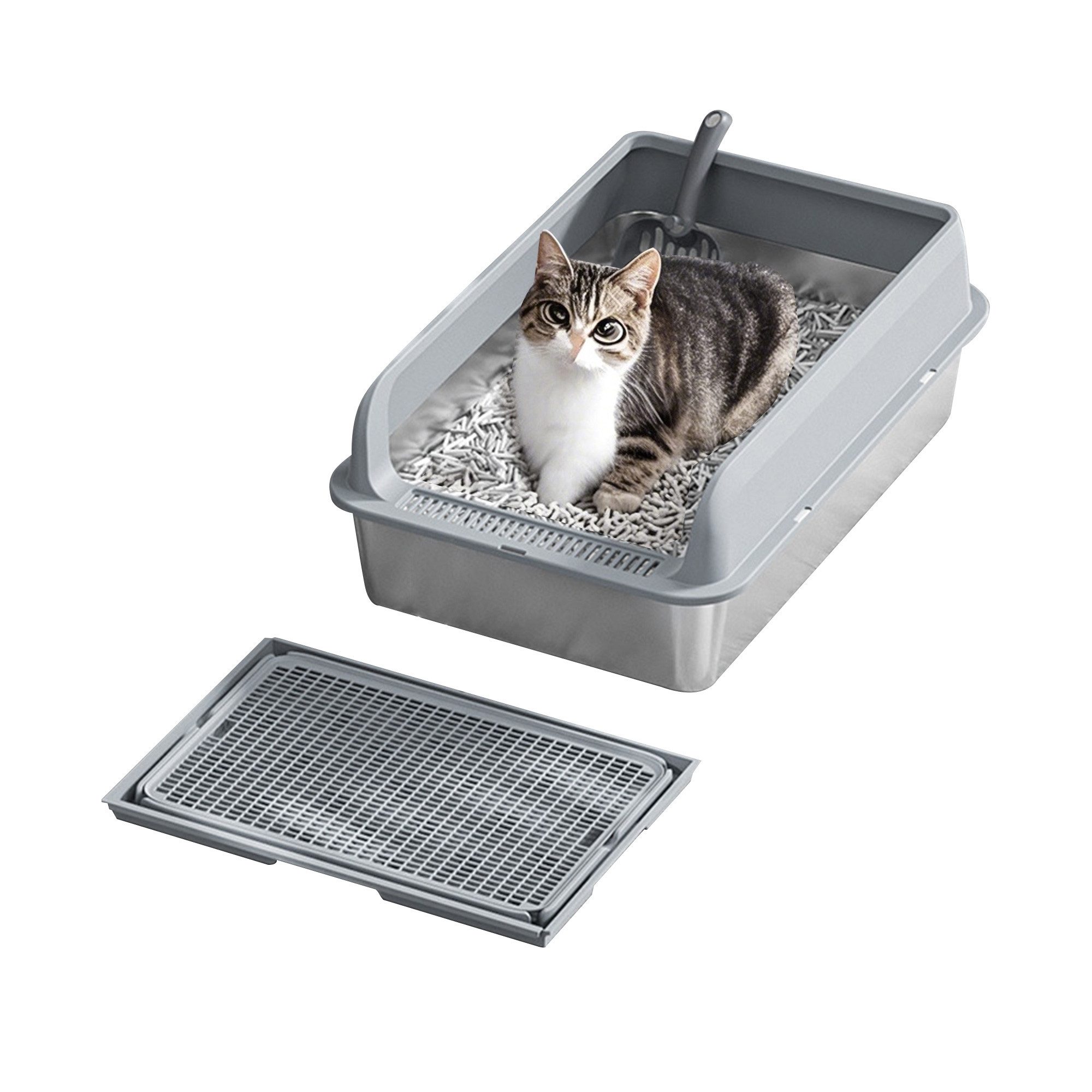 Katzentoilette Edelstahl Katzenstreu Box mit Deckel Anti-Leckage