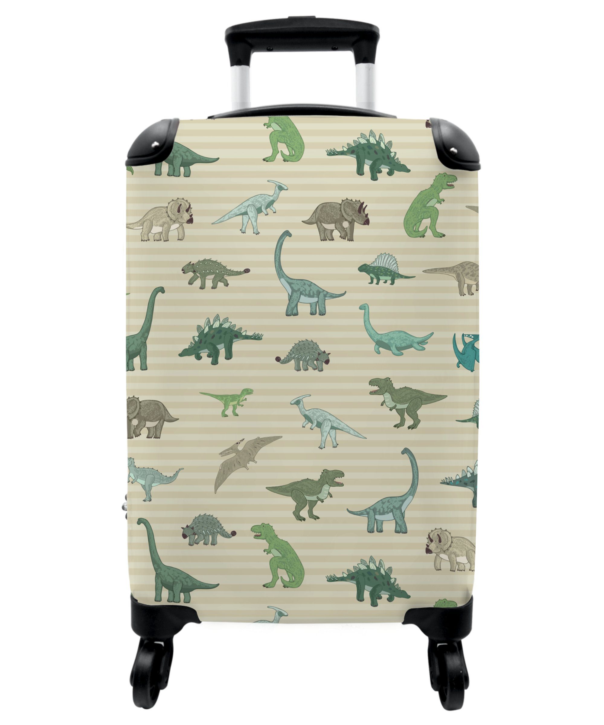 NoBoringSuitcases.com© Kinderkoffer 55x35x20cm Dino - Muster - Braun - Jungen - Kind, 4 Rollen, Reisetasche mit rollen, Handgepäck für Ferien, Kindertrolley, Koffer