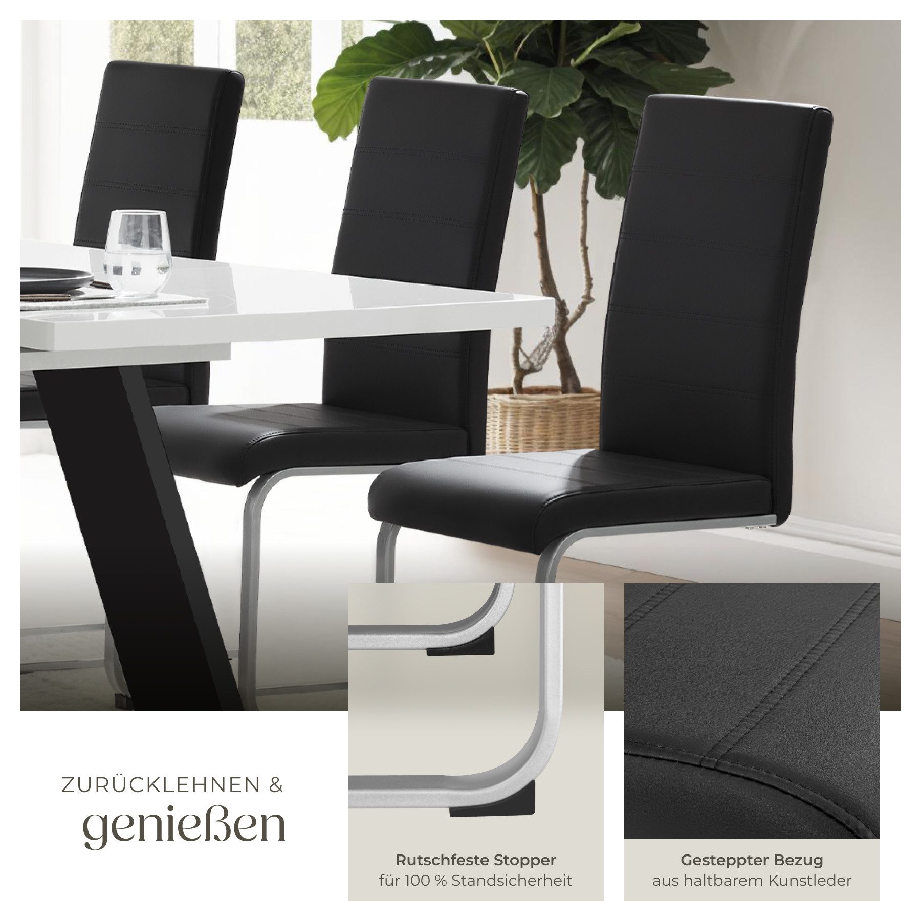 tectake Esszimmerstuhl Küchenstuhl gepolstert mit Kunstlederbezug, 41 x 52 x 99 cm (Schwingstuhl Bettina in schwarz, 2 St), hohe Rückenlehne, Stahlgestell, bode – Bild 4 von 5