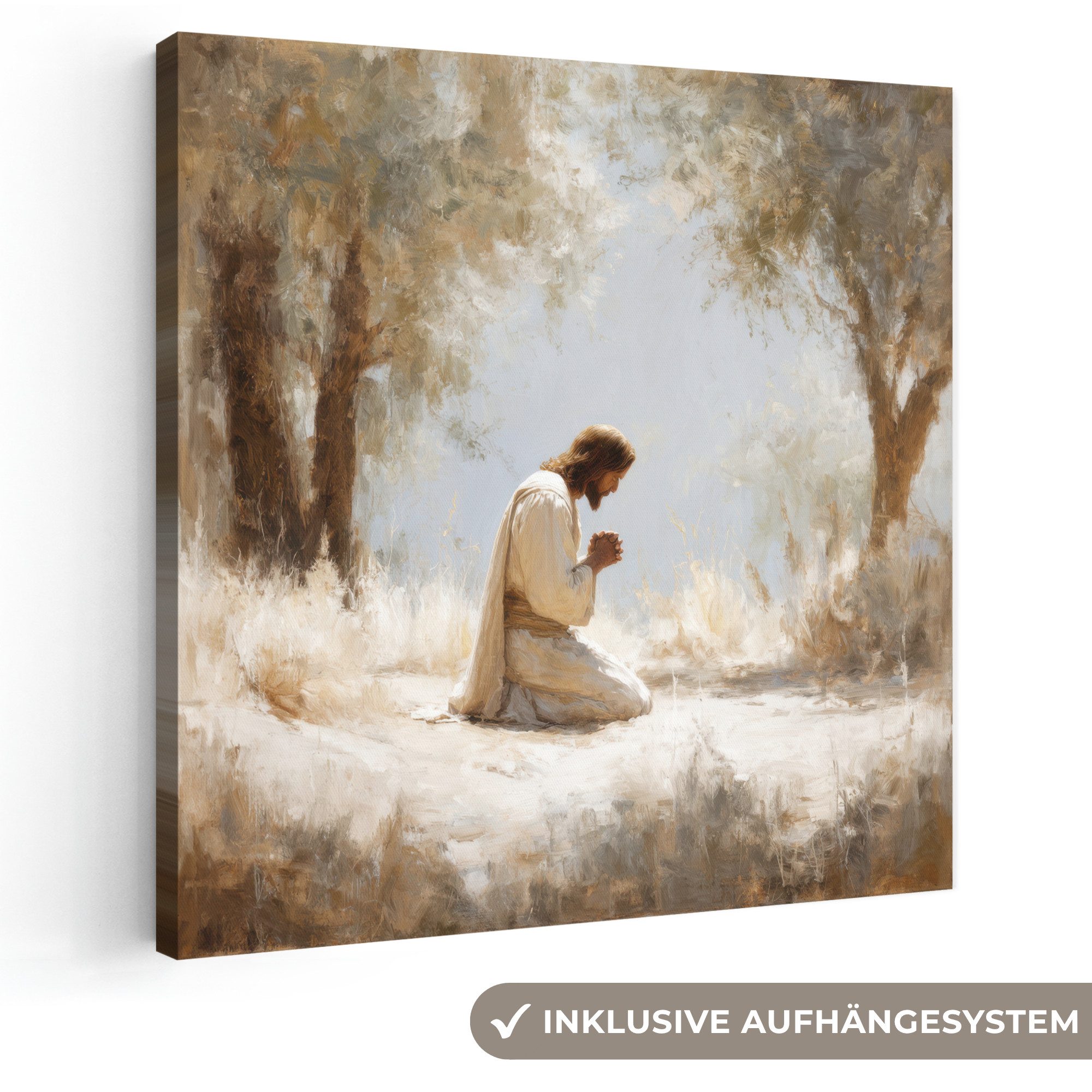 OneMillionCanvasses® Leinwandbild Jesus - Kniend - Waldlandschaft - Betend, Fotodruck (1 St), Wandbild, Deko Schlafzimmer Wohnzimmer Flur 20x20 cm