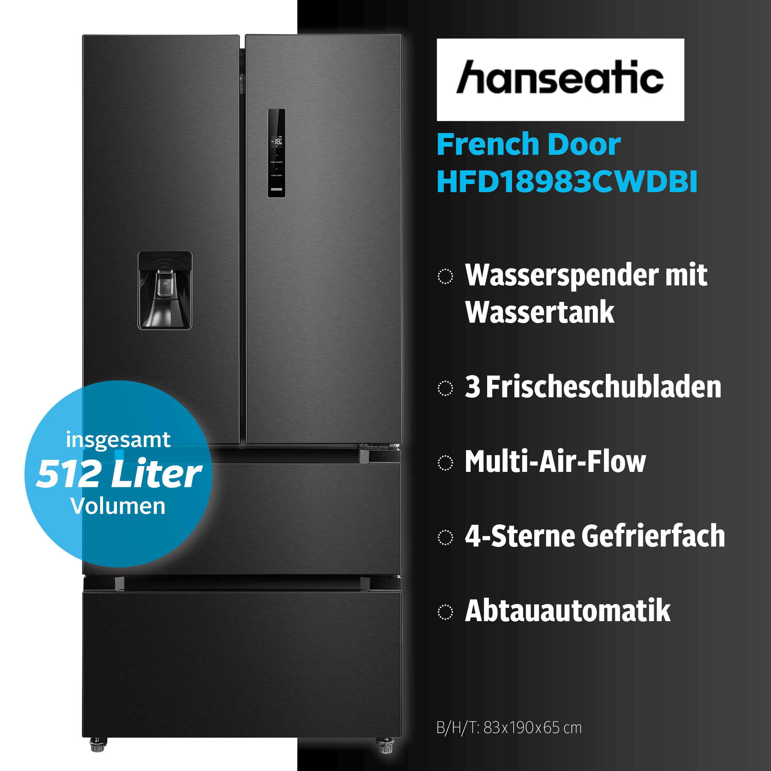 Hanseatic French Door HFD18983CWDBI, 190 cm hoch, 83 cm breit, Wasserspender mit Wassertank