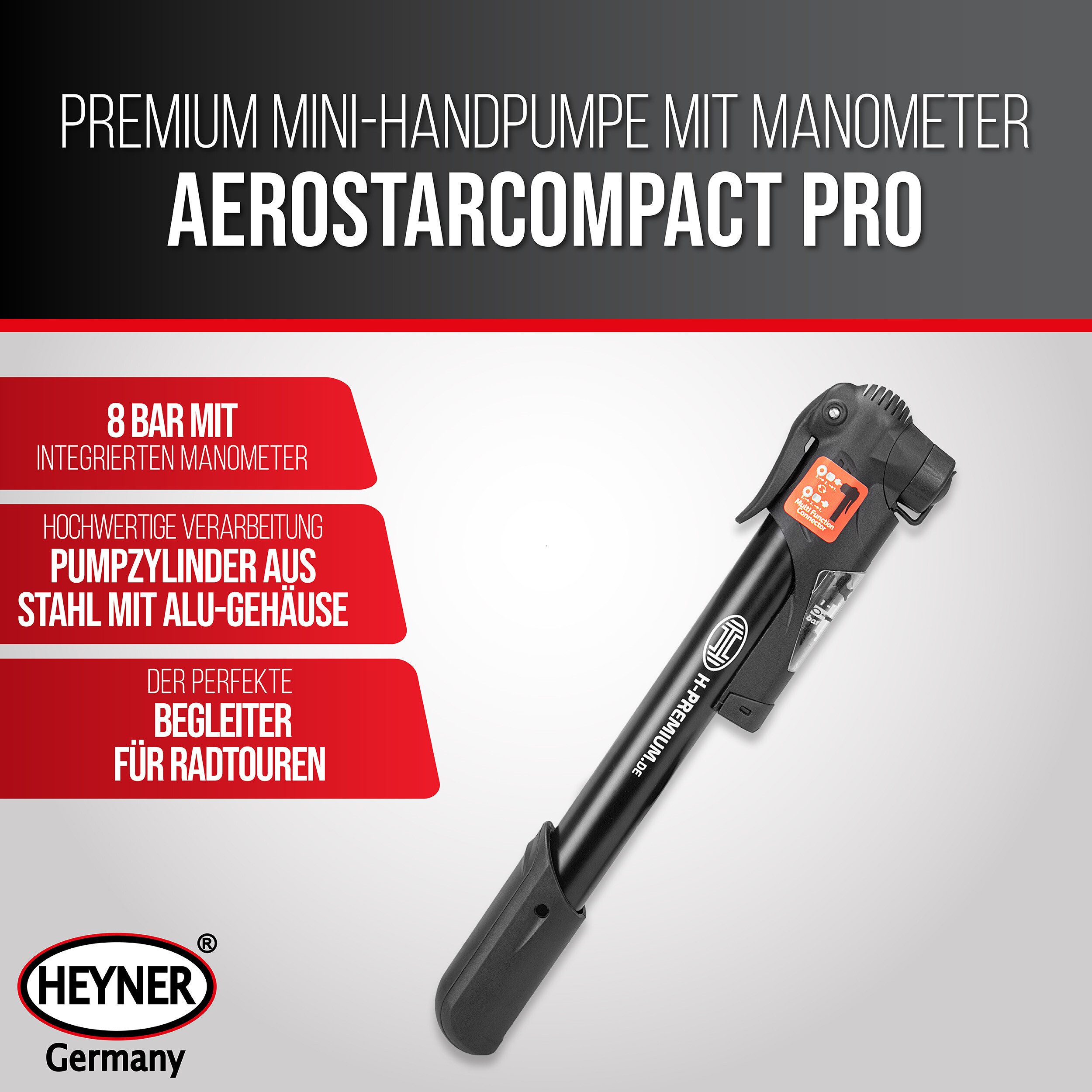 HEYNER Fahrradpumpe Luftpumpe AeroStarCompact PRO Premium Mini - Handpumpe mit Manometer (1-tlg., Mit Manometer)