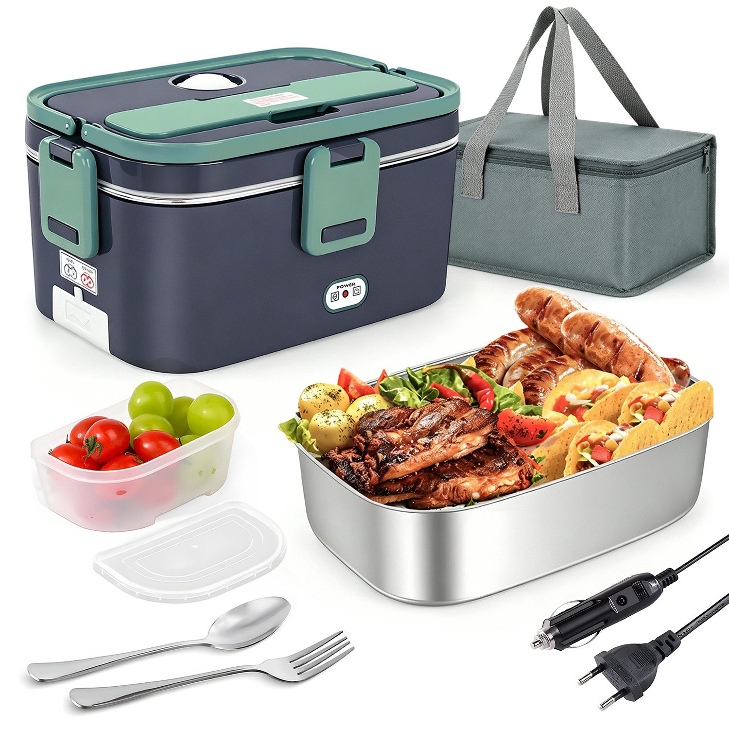 AKKEE Elektrische Lunchbox 3 in 1 für Zuhause und Auto, Kabellos, 1,8 L mit Edelstahlbehälter, Schnelles Erhitzen
