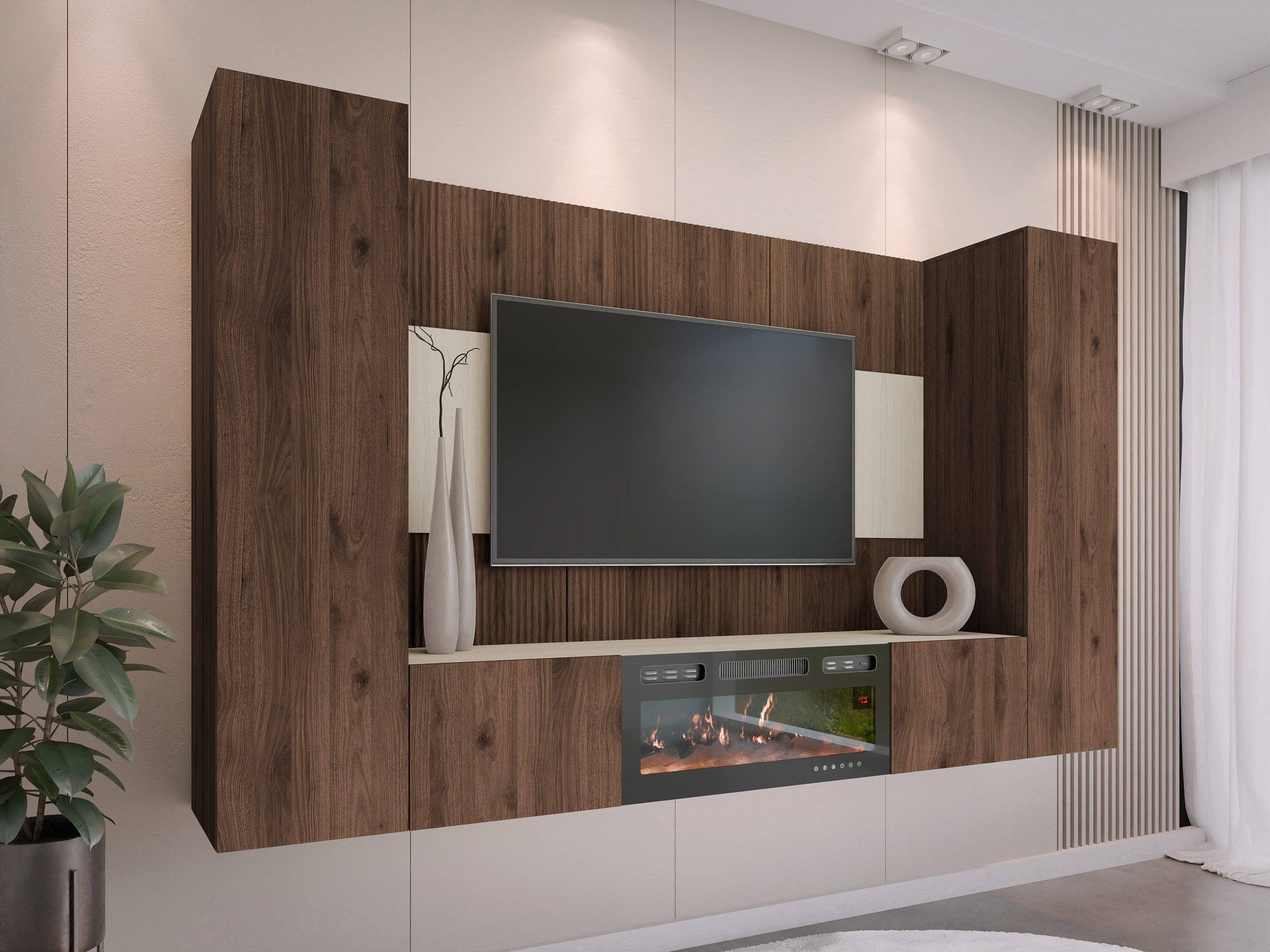MIRJAN24 Wohnwand Deromi V mit Kamin, (4er-Set, TV-Lowboard mit Wandpaneel, 2x Hängeschrank), Realistische LED-Flamme, Push to open