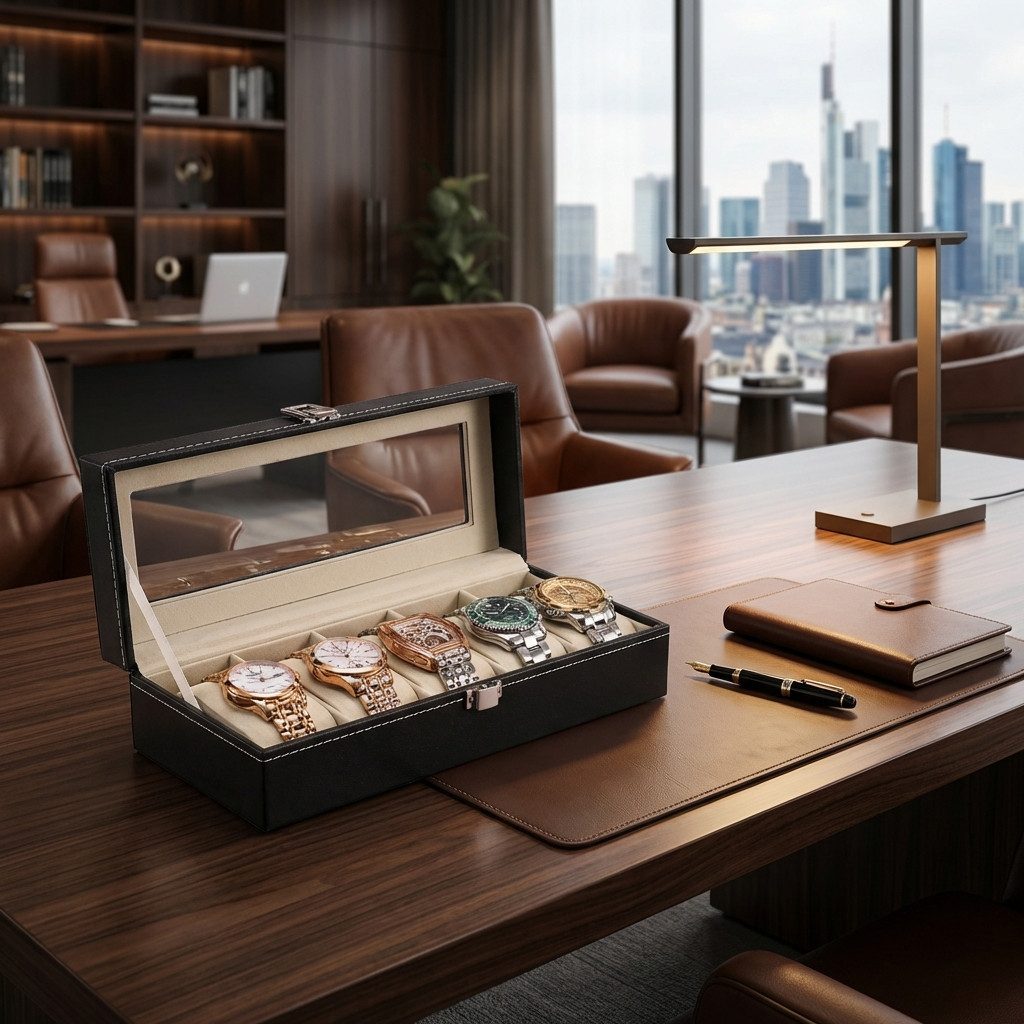 HoyoLee Handels GmbH Uhrenbox Uhrenbox Uhrenkasten für 6 Uhren, mit Glasdeckel, Uhrenkissen aus Samt