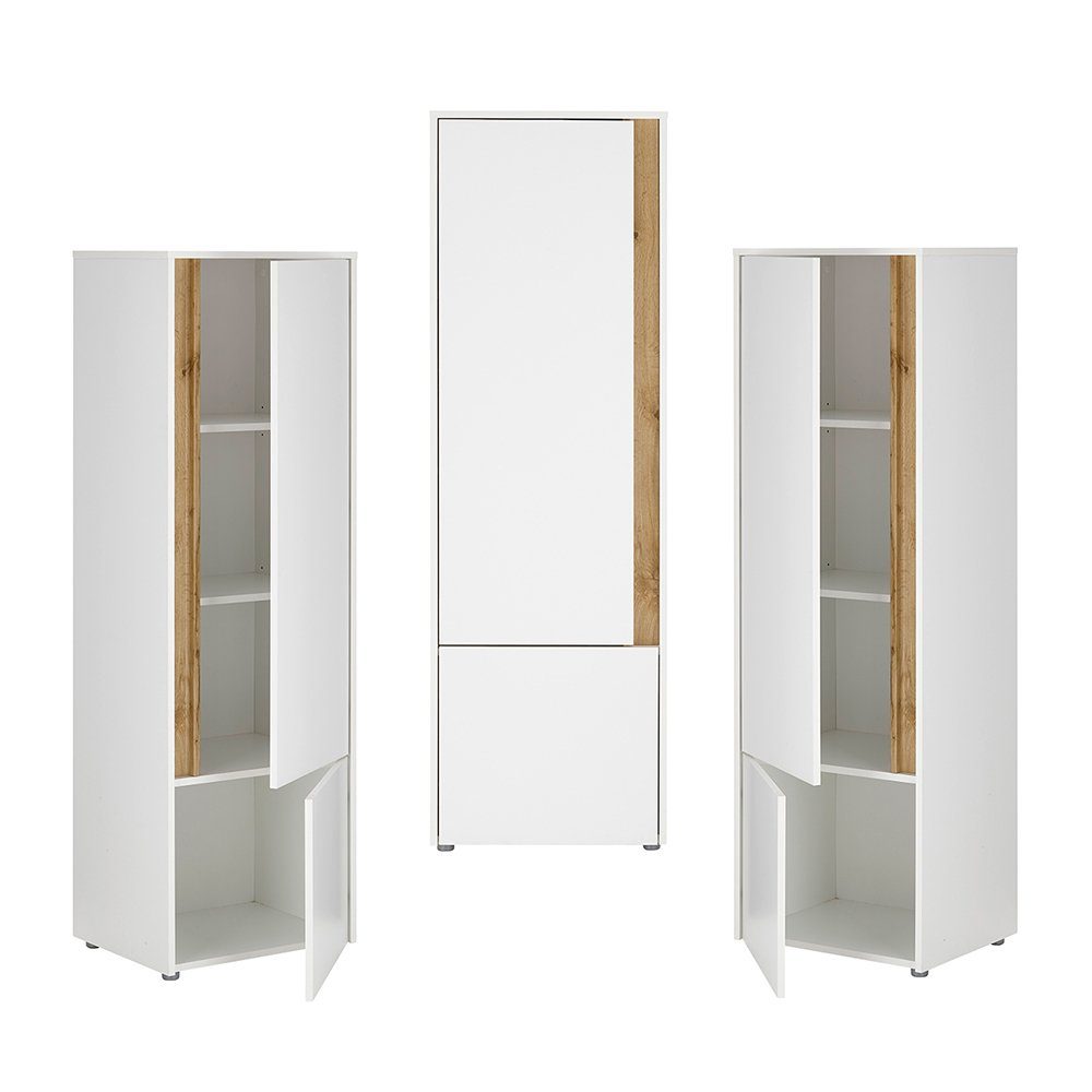 Lomadox Büromöbel-Set CRISP-61, (Spar-Set, 4-tlg., Schreibtisch Regal Aktenschrank Wandregal), Büroausstattung Büroschrank Set weiß mit Eiche, grifflose Optik