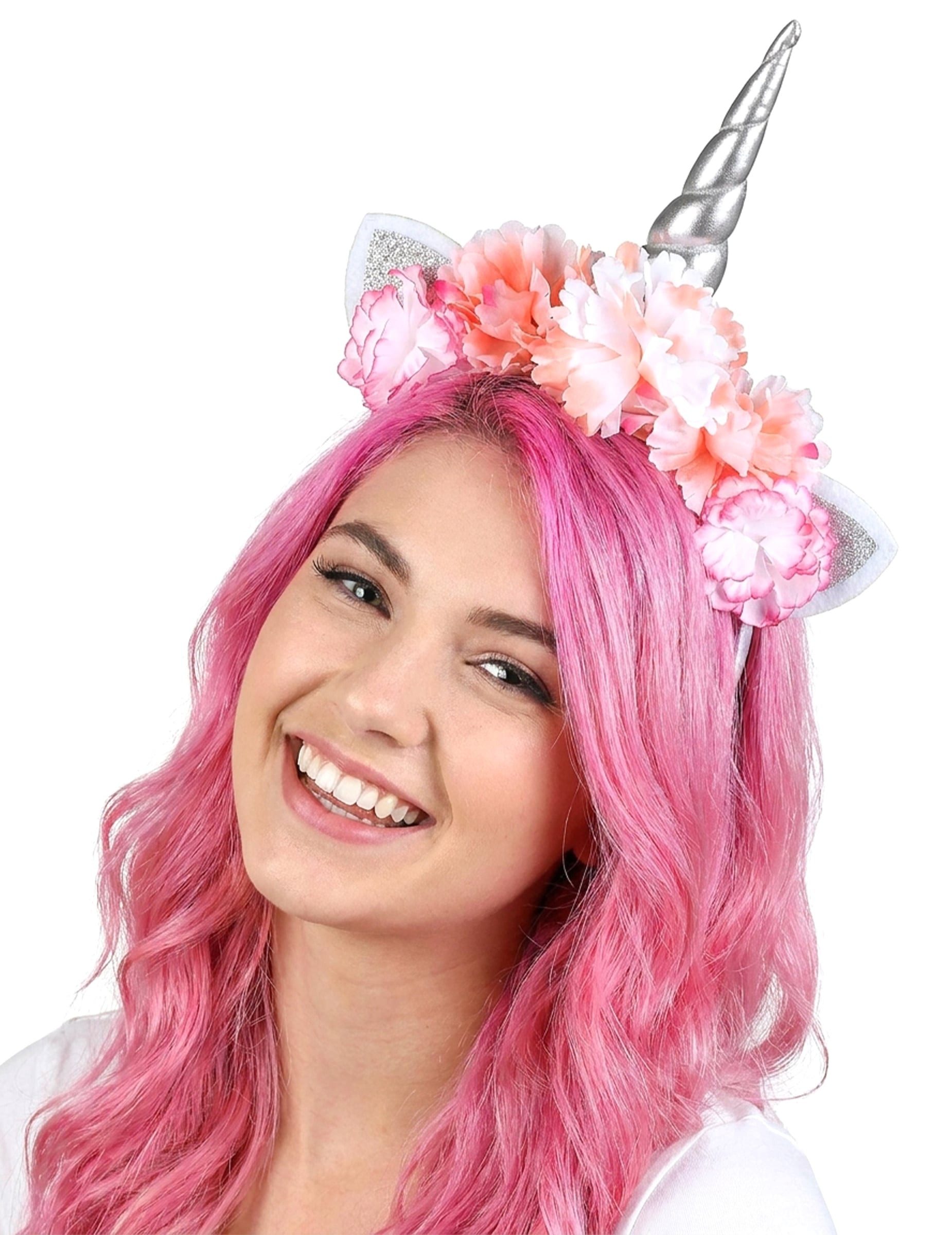 JADEO Kostüm Einhorn-Haarreif mit Blüten silber-pink-orange