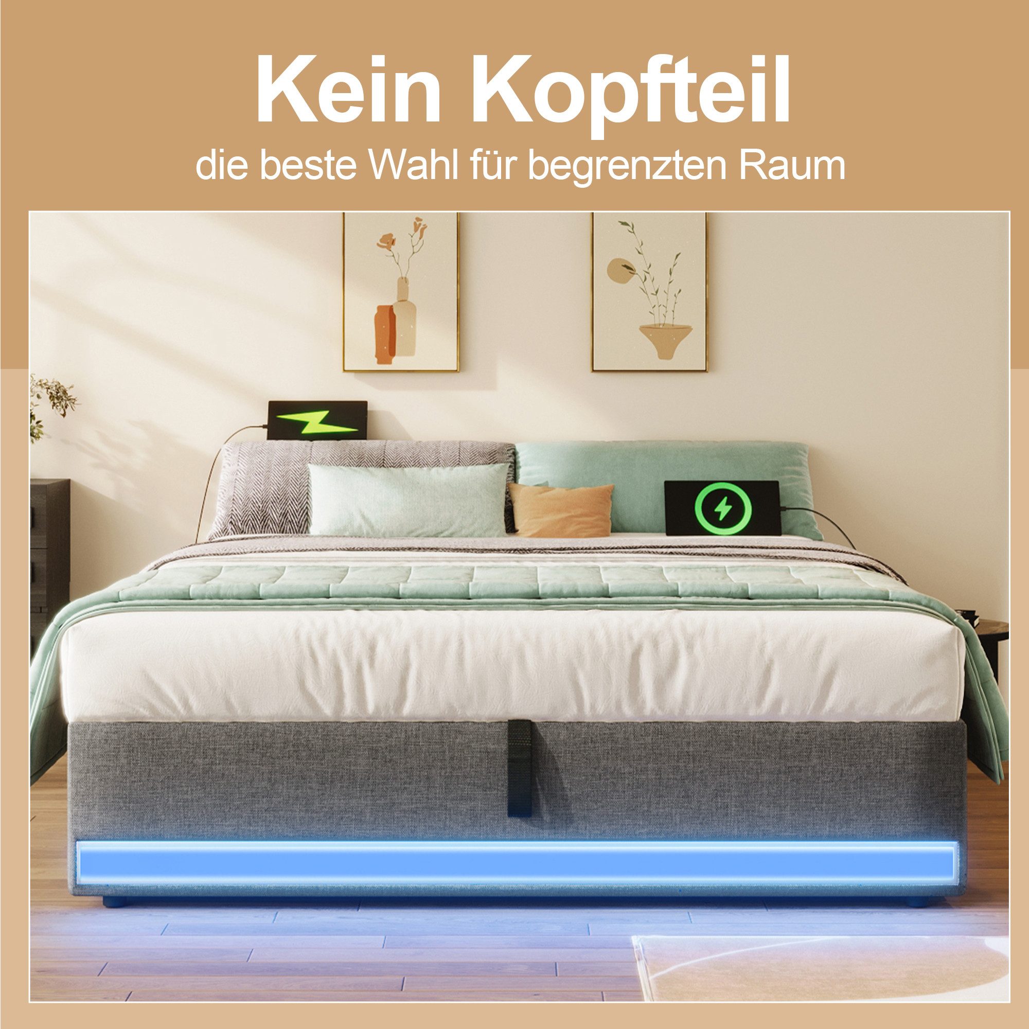 TavilaEcon Polsterbett 140×200 cm mit Bettkasten, LED, USB und Typ-C, kein Kopfteil-Design, Doppelbett mit Staufächern, hydraulischem Stauraum, ohne Matratze – Bild 5 von 5