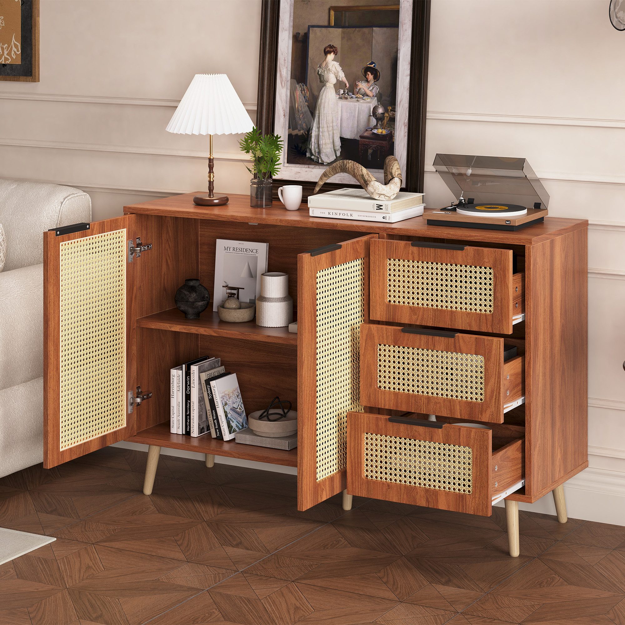 OKWISH Sideboard Vintage Rattan Küchenschrank,mit 2 günstig online kaufen
