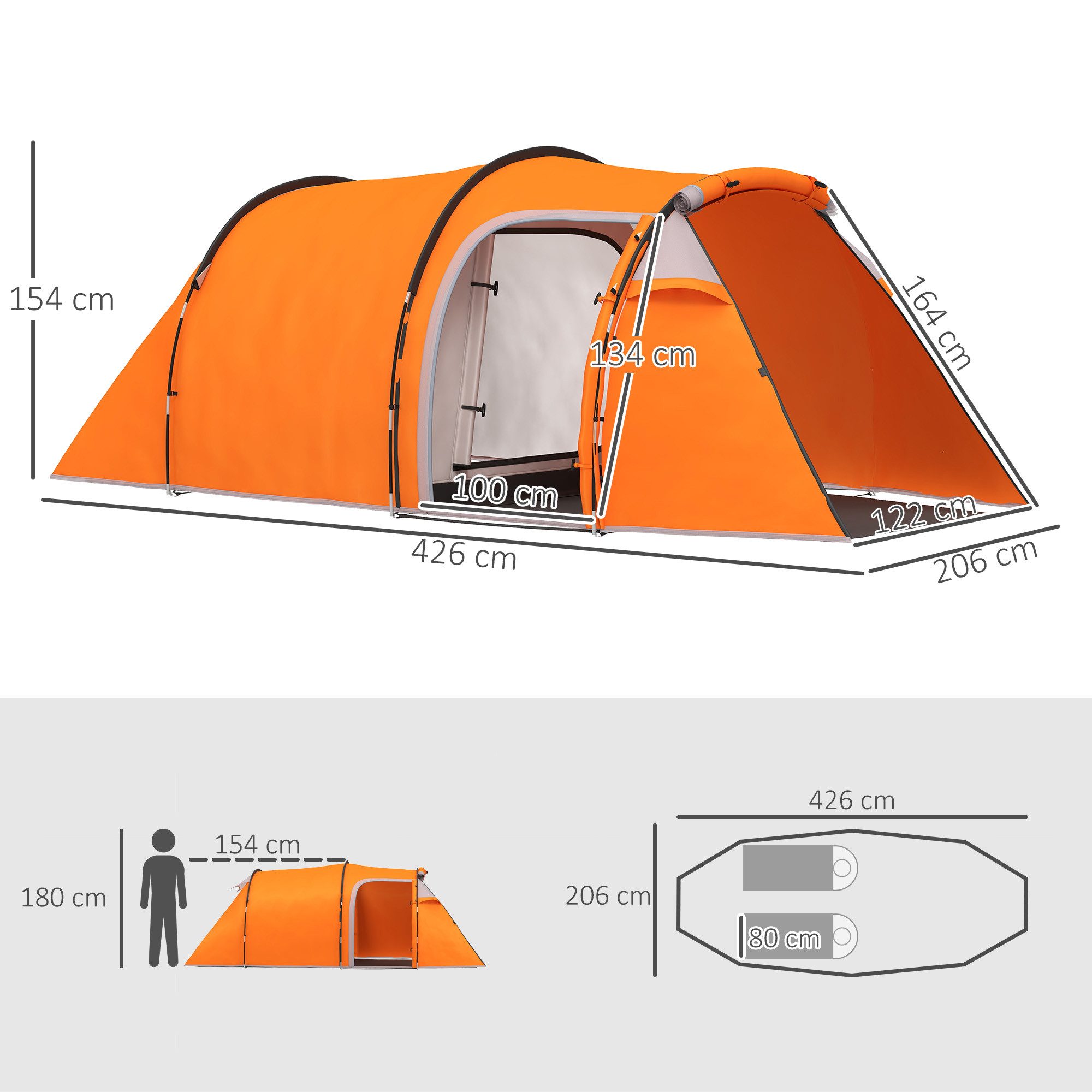 Outsunny Kuppelzelt mit Vorraum, Lampenhaken, 2000mm Wassersäule, Personen: 3 (Tunnelzelt, 1 tlg., Familienzelt), für Camping Reise Trekking Garten, Orange