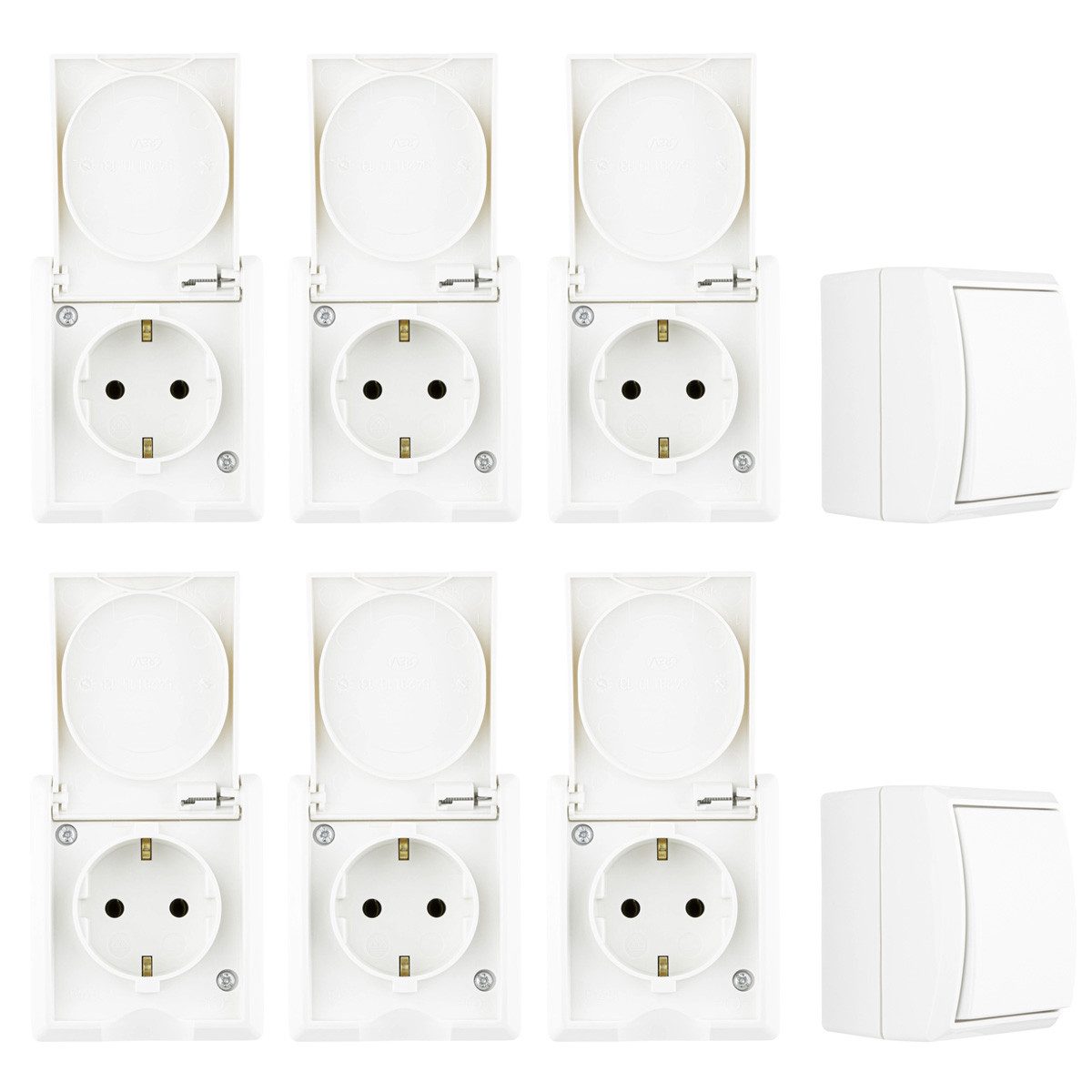 REV Ritter GmbH Aufputz-Steckdose Feuchtraum Starter Set Steckdose Schalter REV AquaForm Weiß IP44, 8-St., Starter Set, 6 Steckdosen, 2 Schalter