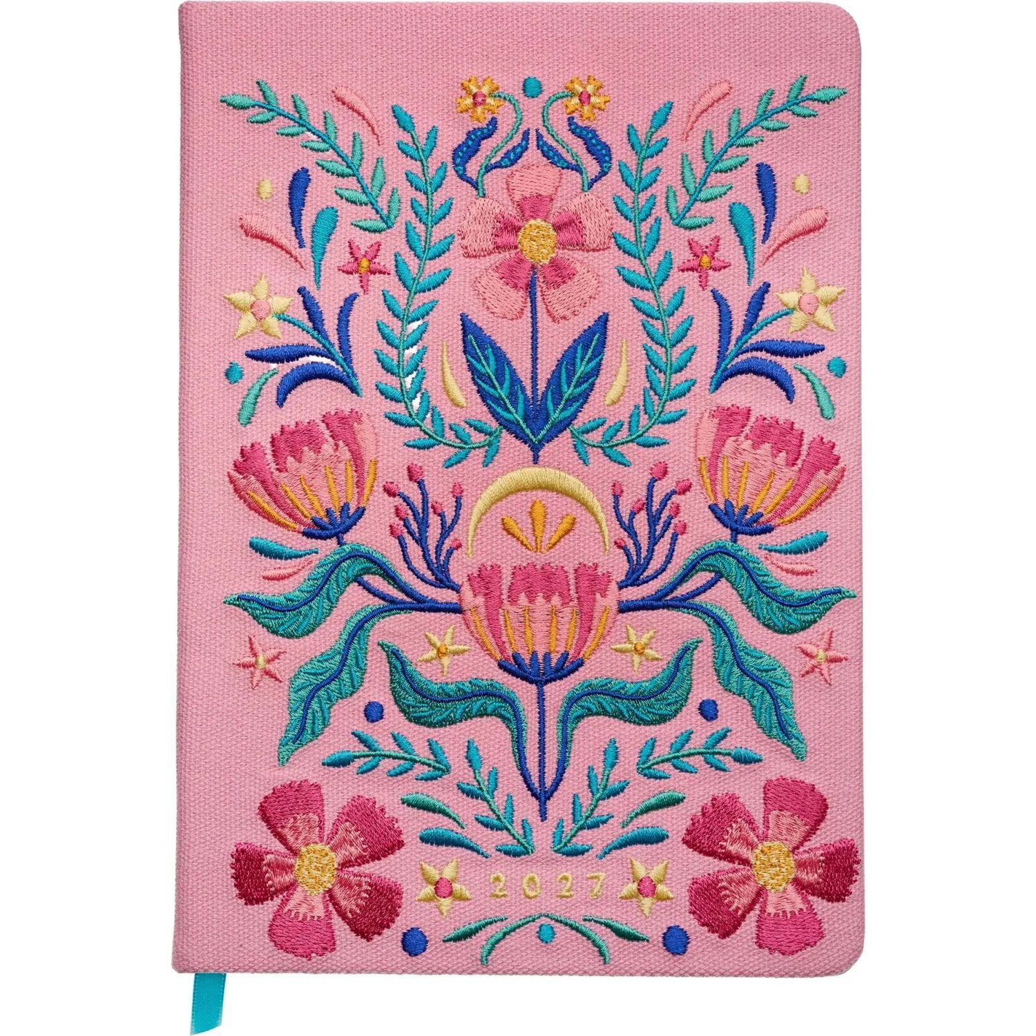 groh Verlag Taschenkalender Taschenkalender A5 2027: Blütenmotiv, bestickt, rosa
