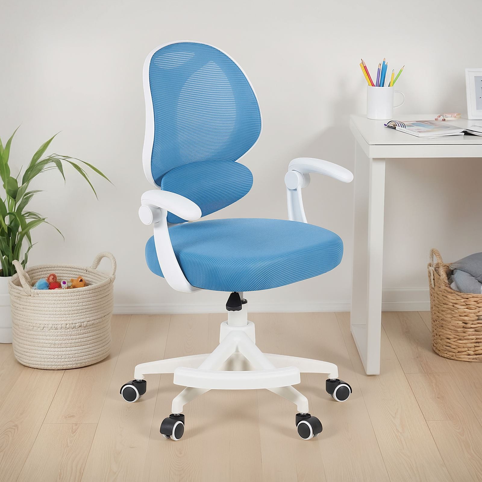 IDIMEX Drehstuhl ISLA, Schreibtischstuhl mit Fußstütze ergonomisch höhenverstellbar Blau