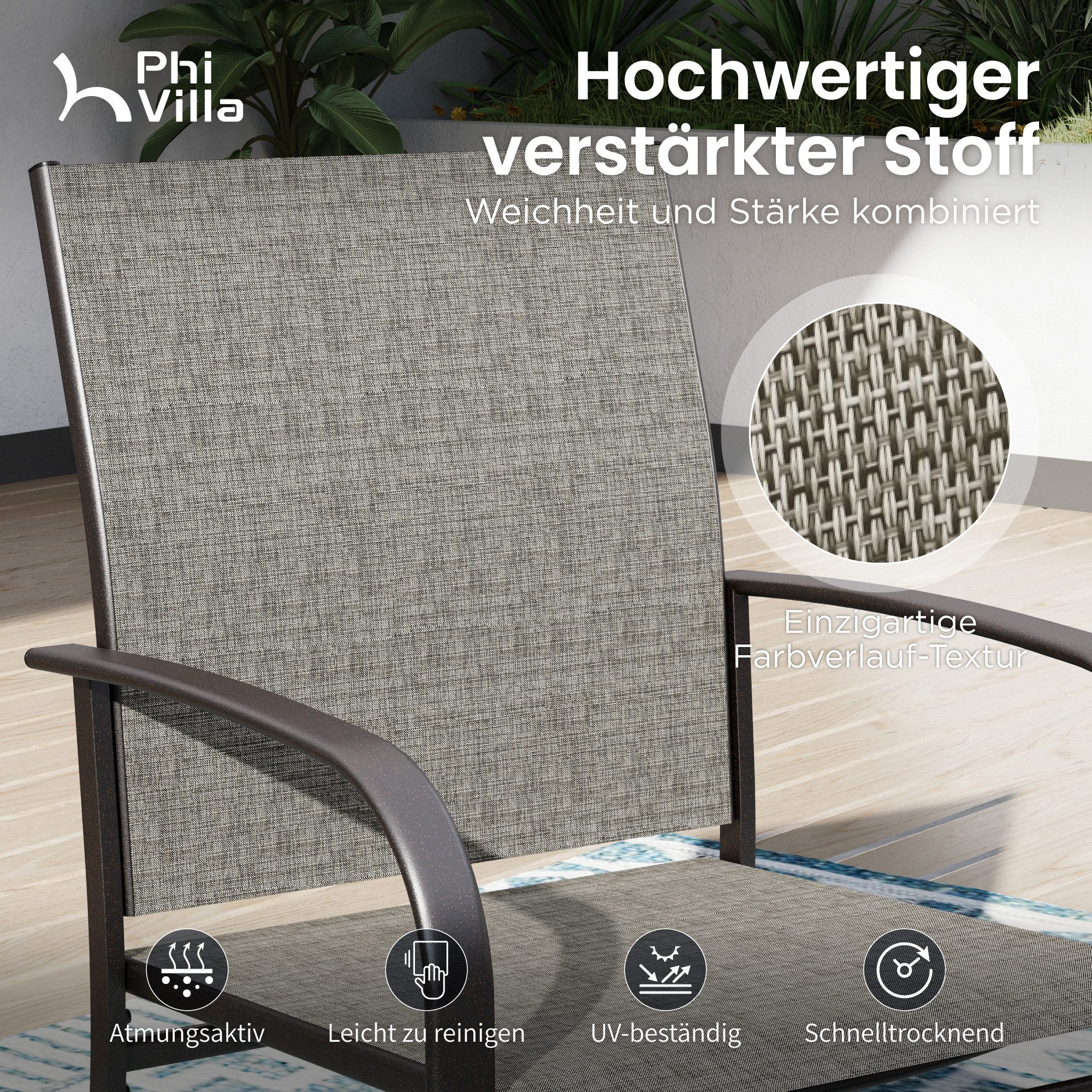 PHI VILLA Garten-Essgruppe, (5-teiliges Gartenmöbel Set Wetterfest, Gartentisch und 4 Textilene Stühle), Terrassenmöbel Sitzgruppe Outdoor für Balkon, Deck, Hof