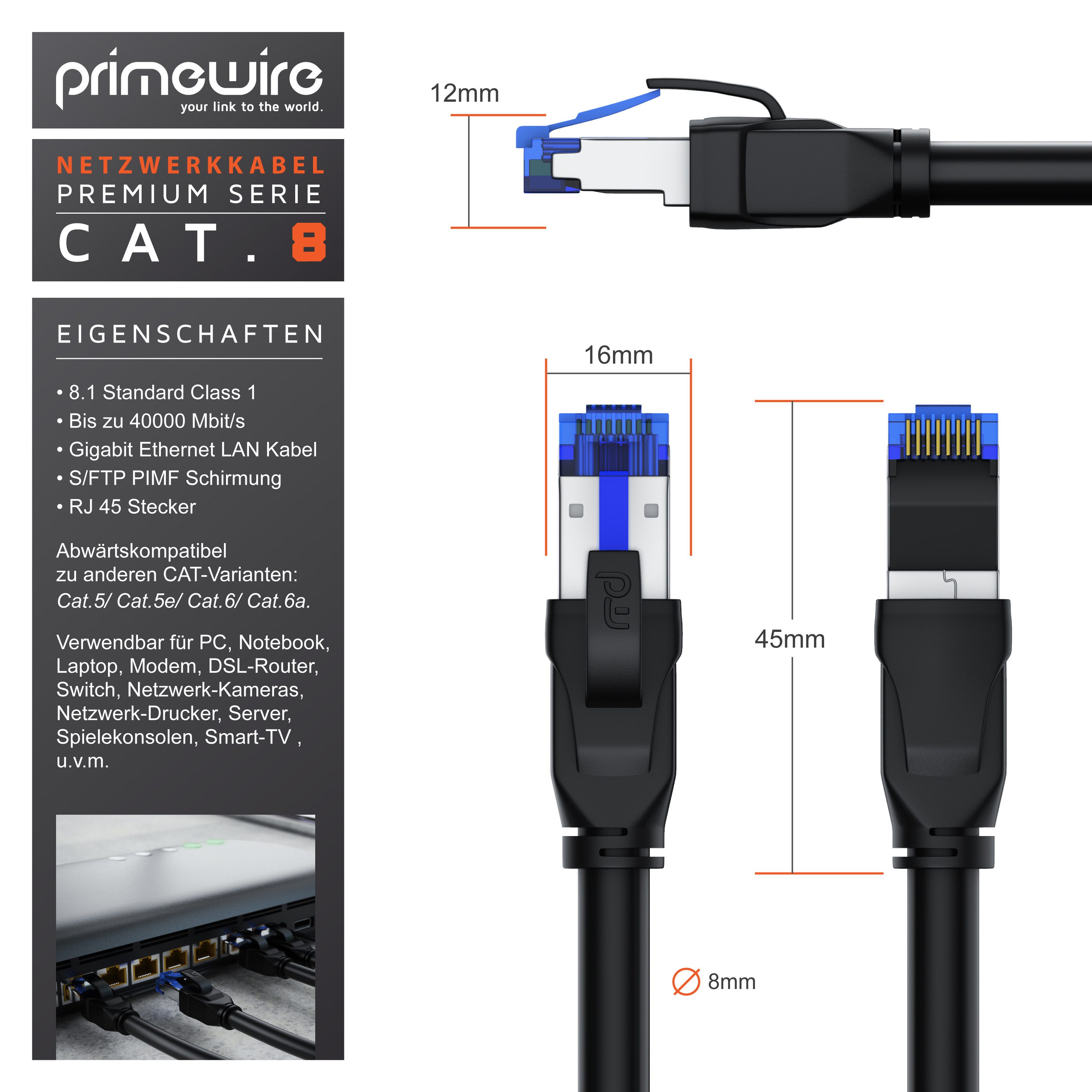 Primewire LAN-Kabel, CAT.8, RJ-45 (Ethernet) (25 cm), Patchkabel CAT 8 Gigabit Ethernet 40 Gbit/s S/FTP Netzwerkkabel, 0,25m