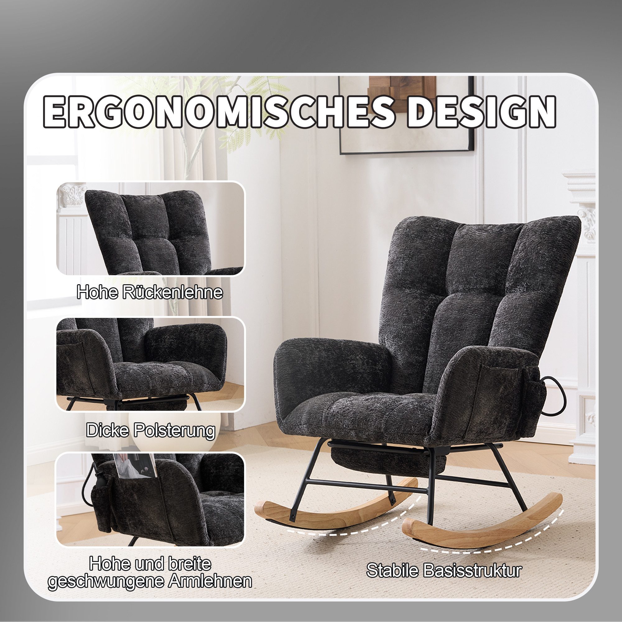 Vankel Schaukelstuhl Relaxsessel Chenille mit Fußstütze, Schaukelfunktion & Stauraum, Bequemer Schaukelstuhl mit Luftkissen-Rückenlehne für Wohnzimmer