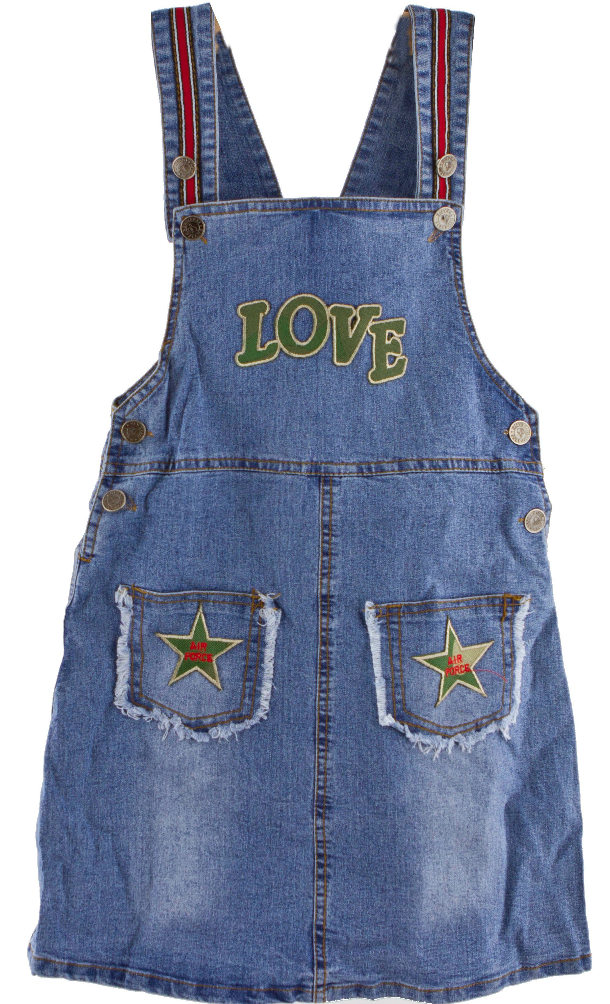 Kleid Kids und mit Kinder Patches Kleid Gürtel Love und Girl Trägern Mädchen Jeanskleid Gürtel Kids mit Jeanskleid Patches Girl Jeanskleid AvaMia Trägern Mädchen Love Kinder