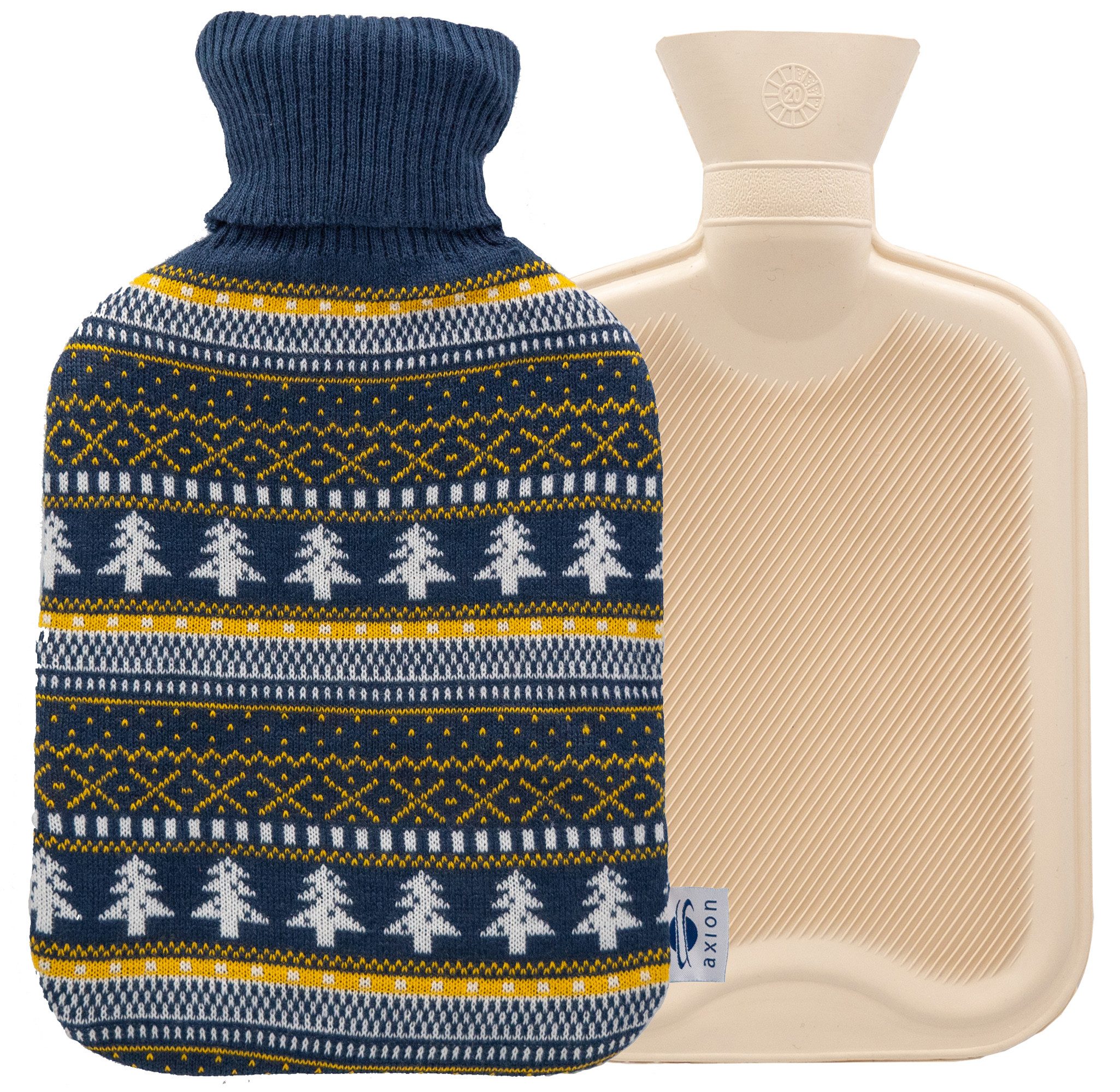 Axion Wärmflasche mit Bezug, dunkelblauer Strick mit Muster, 33 x 20 cm, ca. 2 Ltr., 100% Naturgummi