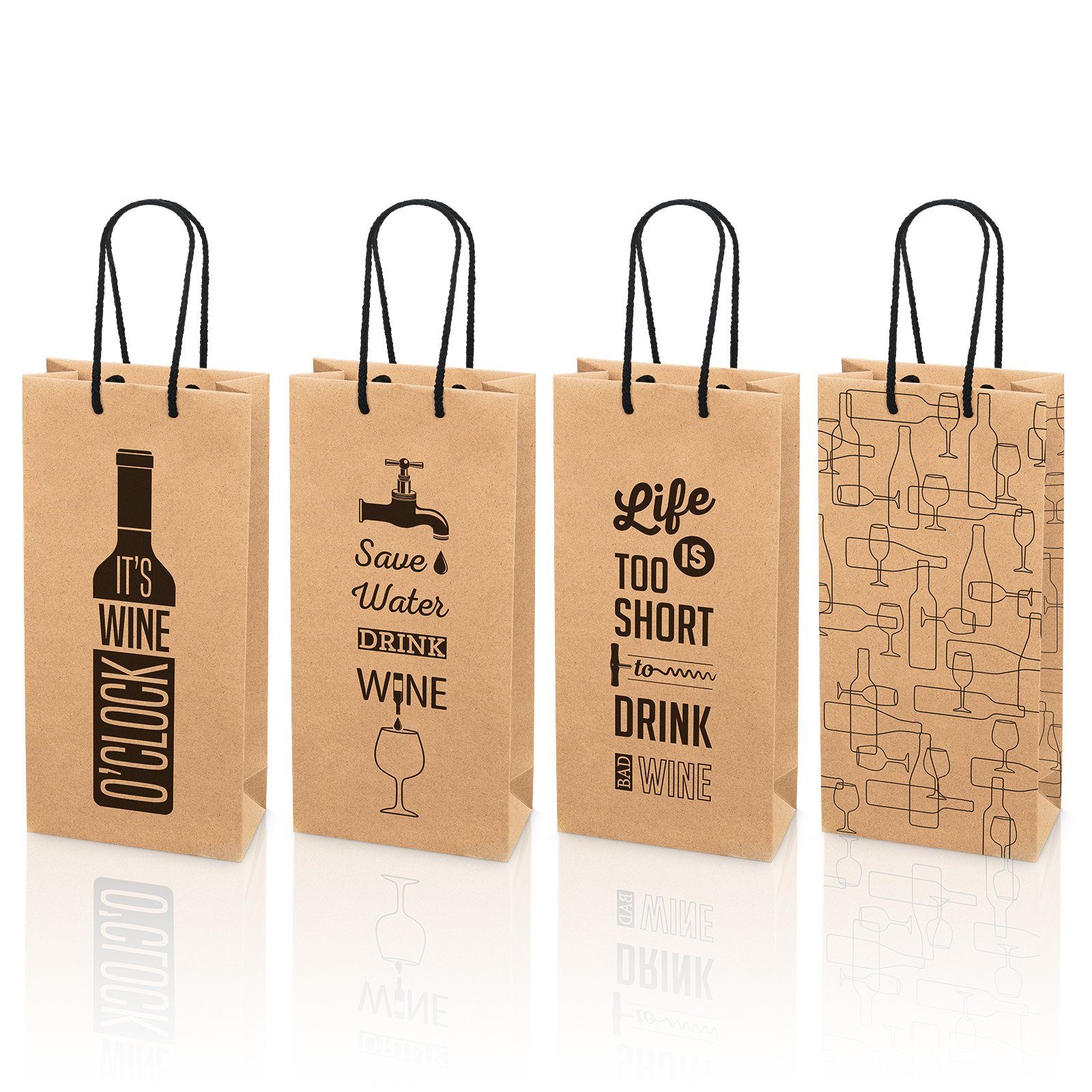 KK Verpackungen Geschenkbox (20 St), 20 x Tragetasche Sortiment für 2 Flaschen 170x85x360 mm Kraftpapier Weinmotiv Natur