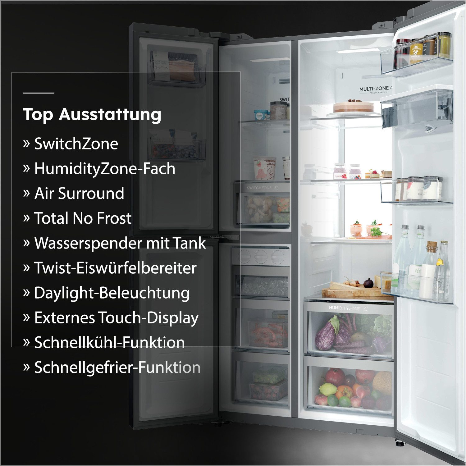 Haier Kühl-/Gefrierkombination SBS 3D HSPR79F18EWMB, 177,5 cm hoch, 90,5 cm breit, Humidity Zone: Obst, Gemüse und Salat 2x länger frisch halten