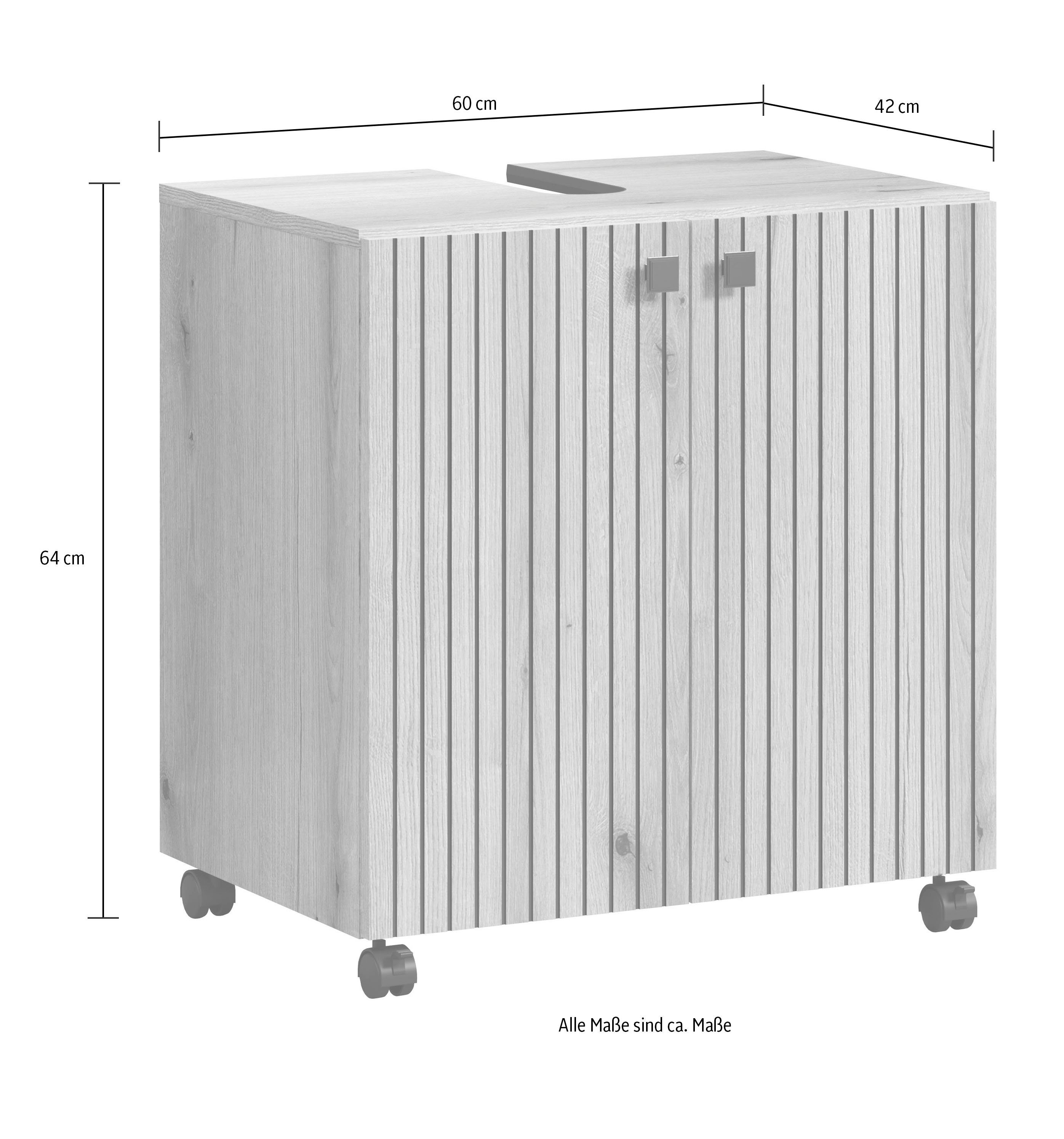 welltime Badmöbel-Set Amrum Waschbeckenunterschrank Spiegel Hochschrank Badschrank, (Komplett-Set, 4-St), 4-teiliges Badmöbel-Set Eiche Rillenoptik - Maße (B/T/H) 160/42/186 cm