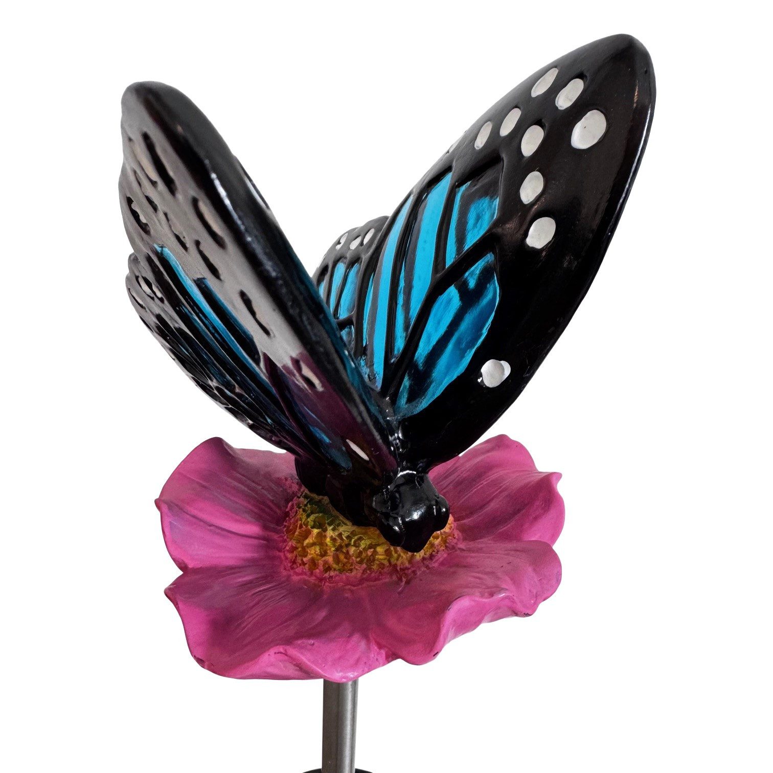 Online-Fuchs Gartenstecker mit 2 Schmetterlingen auf einer Blumenblüte mit LED-Solarbeleuchtung (wahlweise Warmweiß oder seichter Farbwechsel, 2er Set) süße Dekoration für Garten, Terrasse, Balkon und Blumentöpfe