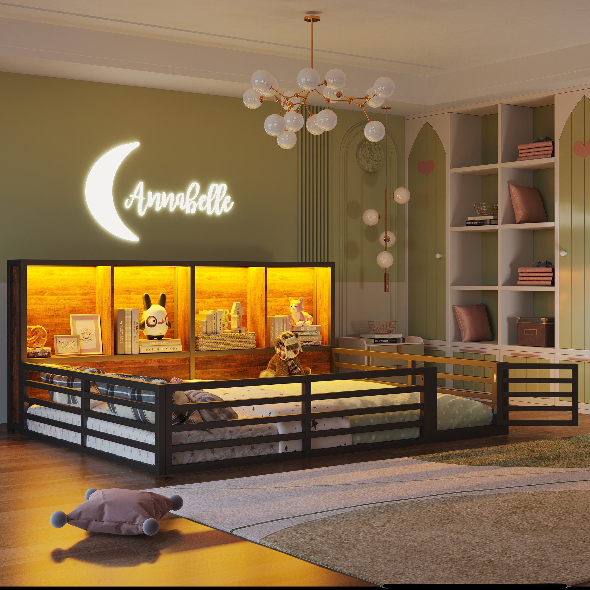 Merax Kinderbett (Plattformbett aus Metallrahmen und MDF, 1-tlg., Daybed für Kinder & Jugendzimmer), Metall Zaunbett 140x200cm mit LED Ablagefächer Geländer Lat – Bild 3 von 5