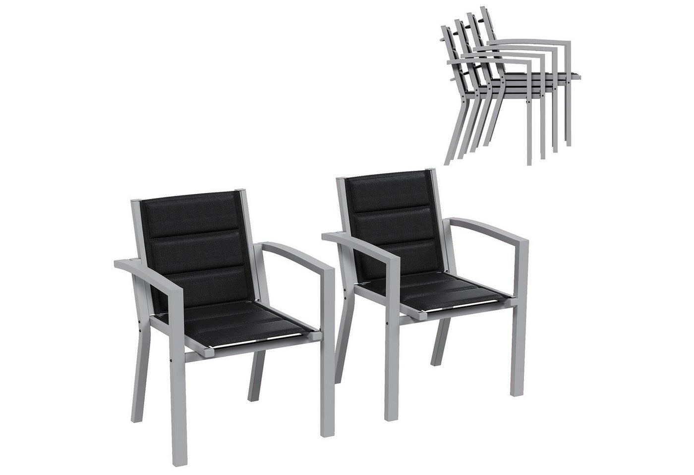 Furnicopia Gartenstuhl Stapelbar Gartenstühle Terrassenstühle mit Armlehnen, bis 160kg (4 St), Aluminiumgestell, Tecslin-Gewebe und schnell trocknende Polsterwatte