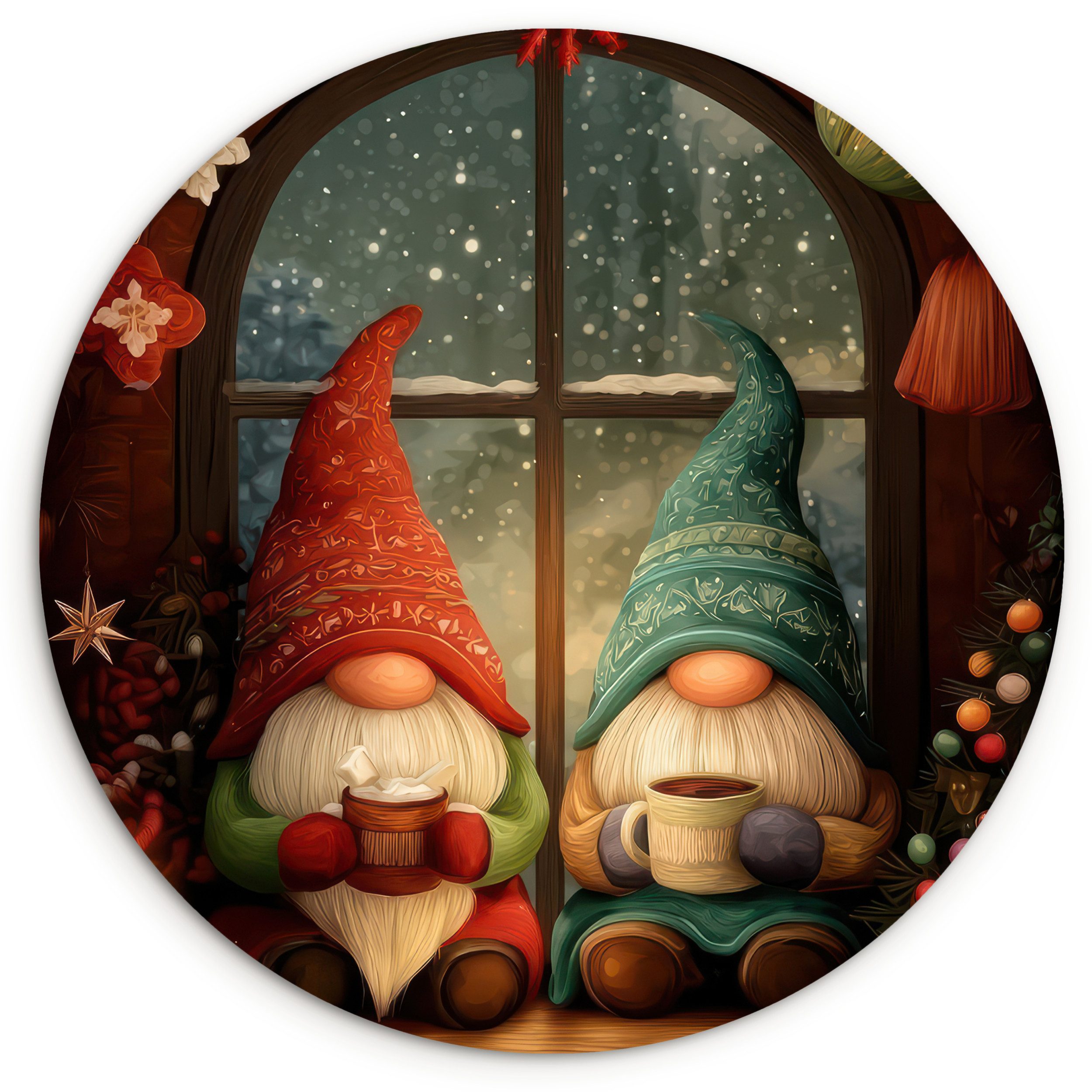 MuchoWow Gemälde Wichtel - Weihnachten - Fenster - Farbenfroh, Fotodruck (1 St), Kreis Wanddekoration, Rundes Wandbild, 30x30 cm