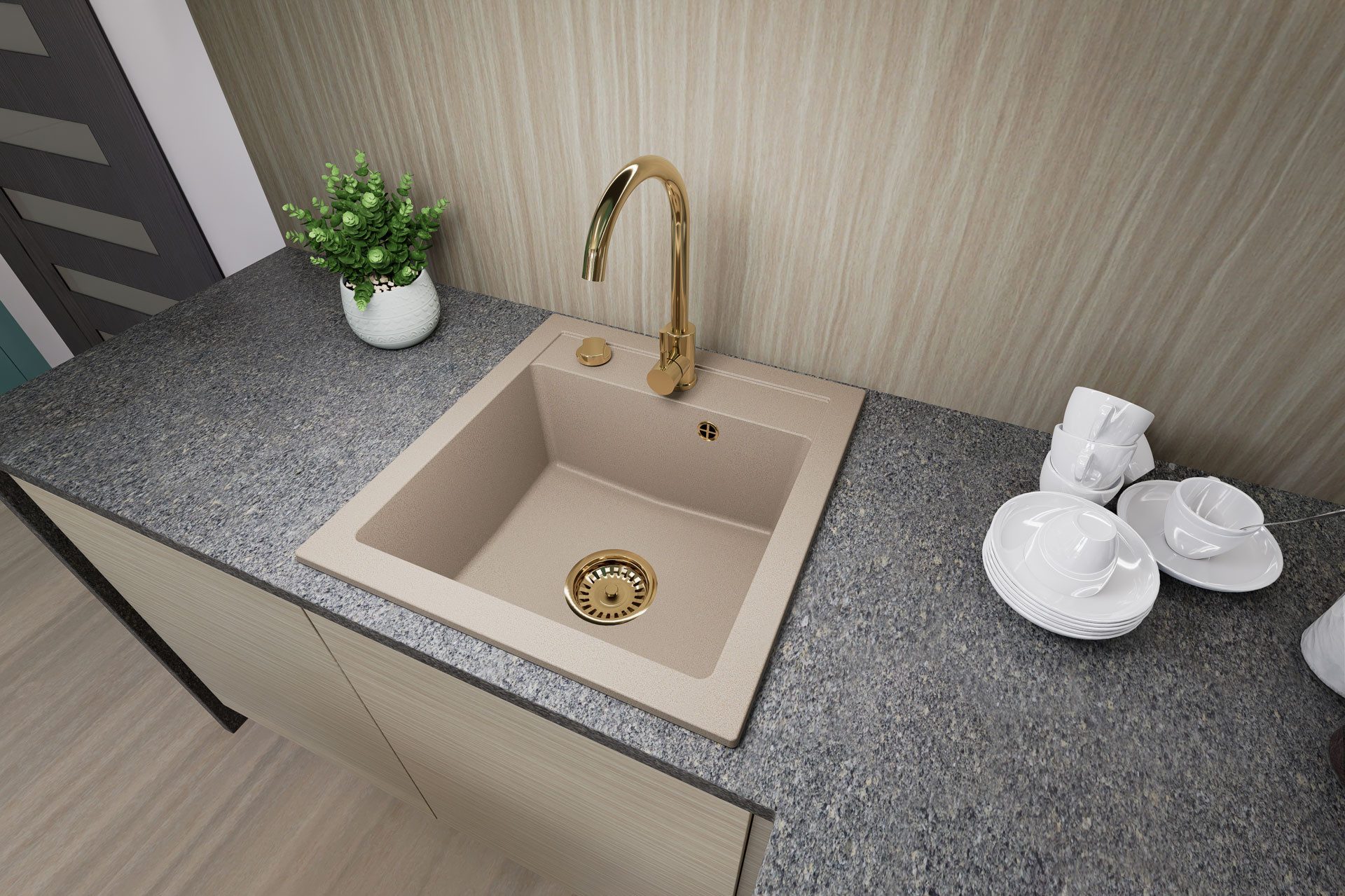 Faizee Möbel Granitspüle Granitspüle 49x52 + Armatur Gold Küchenspüle Spülbecken inkl. Siphon, eckig, 48/50 cm – Bild 5 von 5