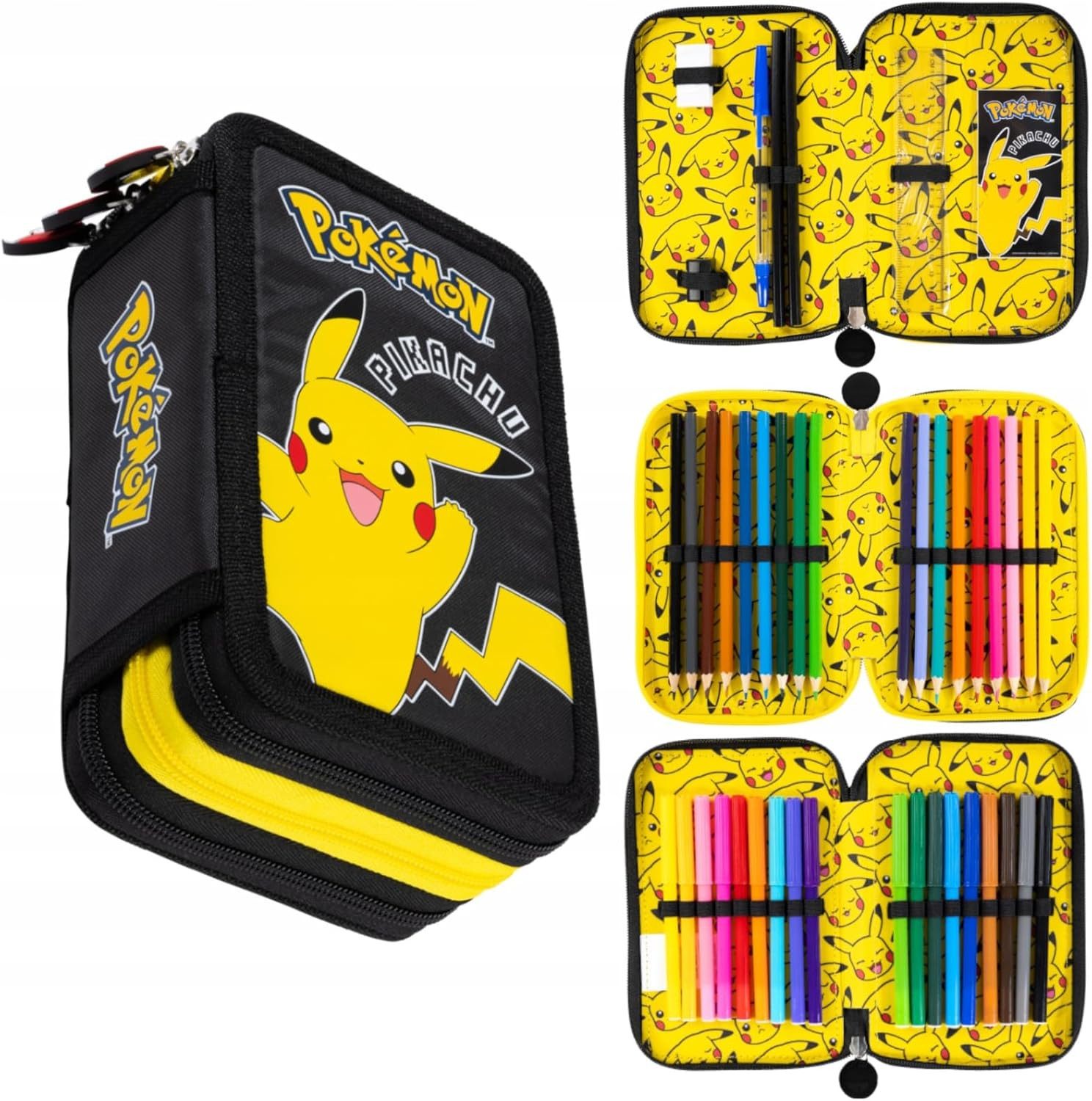 GOLDKIDS Federmäppchen 3 Fächer - Mäppchen für Mädchen und Jungen -, (Federmappe 3-Fach Federtasche, 1-tlg., Gefüllte Schüleretui Schulmäppchen und Hausaufgabenheft), - Pokemon Motiv