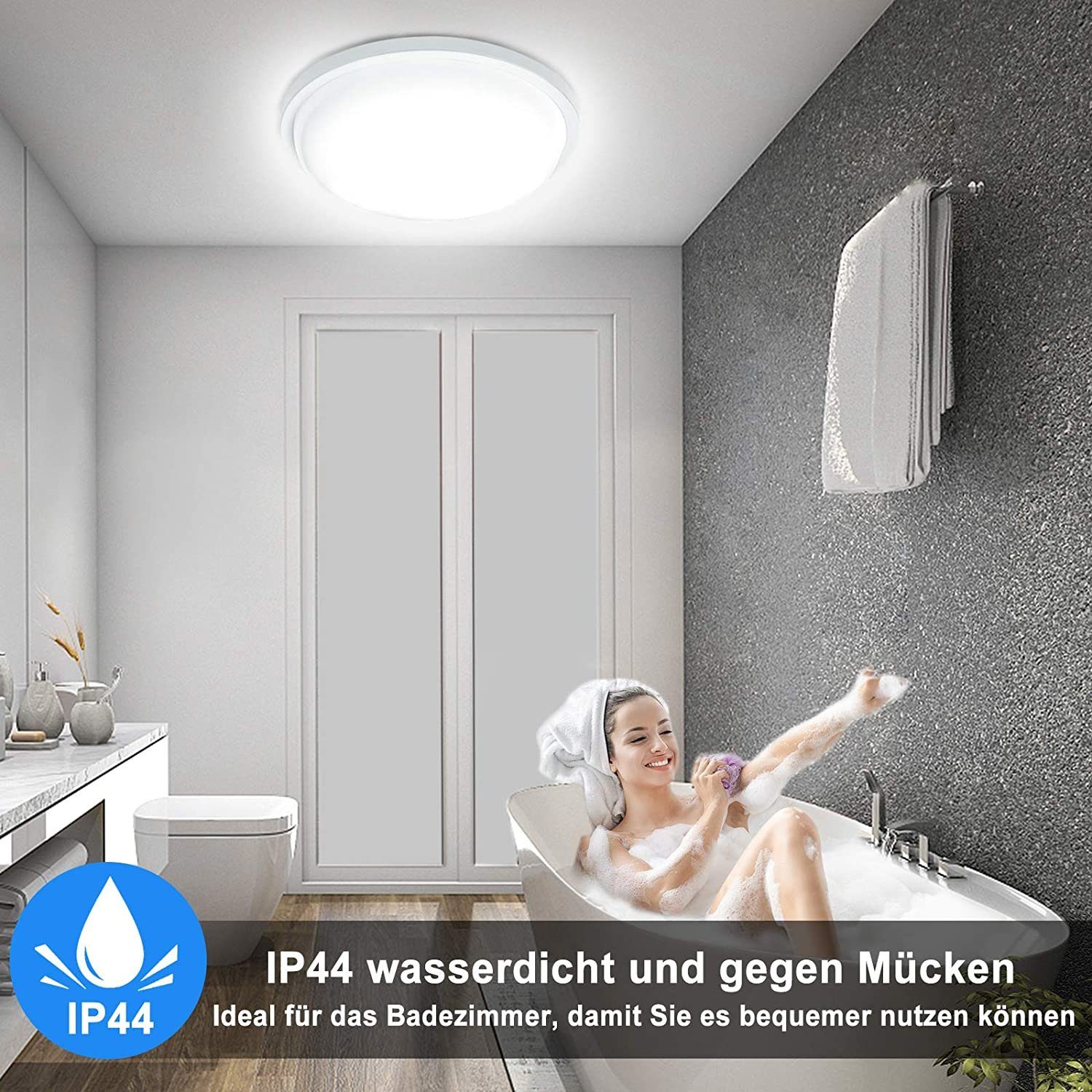 Moderne UISEBRT IP44 15W LED Deckenlampe, Kaltweiß Wasserdicht Deckenleuchte Rund