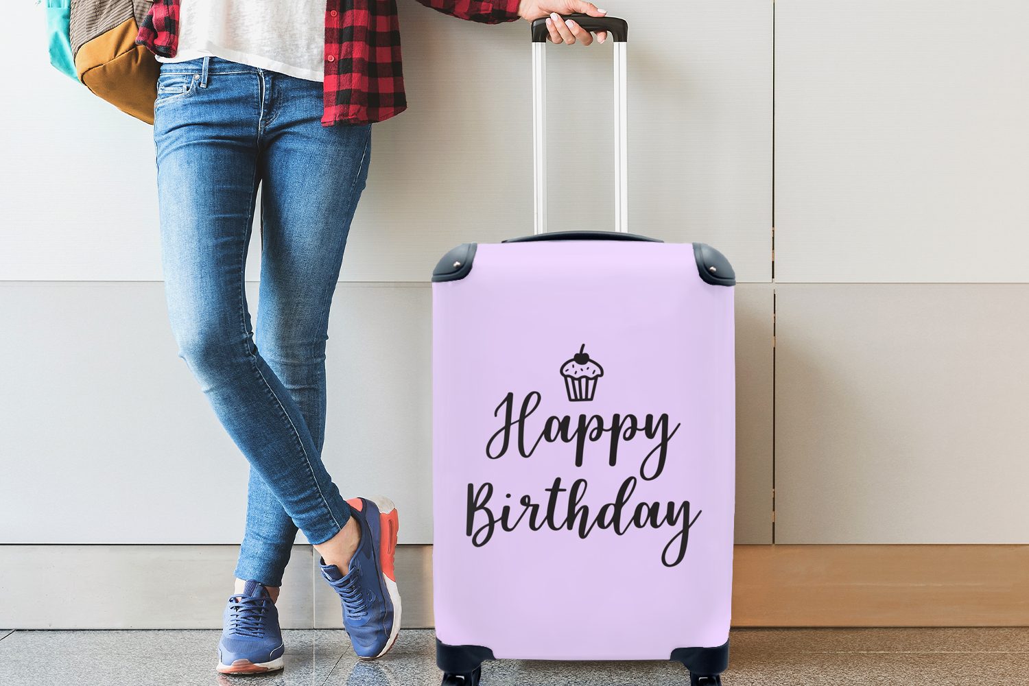Handgepäck Reisetasche Rollen, Handgepäckkoffer Cupcake rosa mit für Reisekoffer "Happy MuchoWow Ferien, mit Zitat Hintergrund, dem rollen, 4 Birthday" auf einem Trolley,