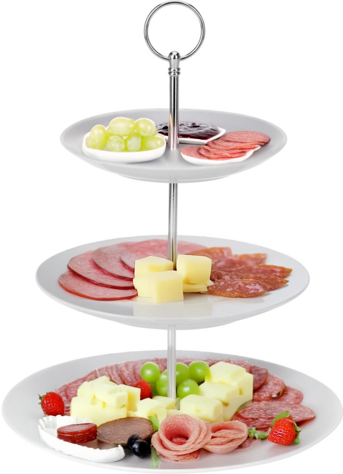 Koopman Etagere Serviertablett Etagenständer Weiß 3 Etagen Porzellan Demontiert, Porzellan, (6-tlg), Porzellan, Tragegriff, muss montiert werden, Weiß, 35 cm hoch